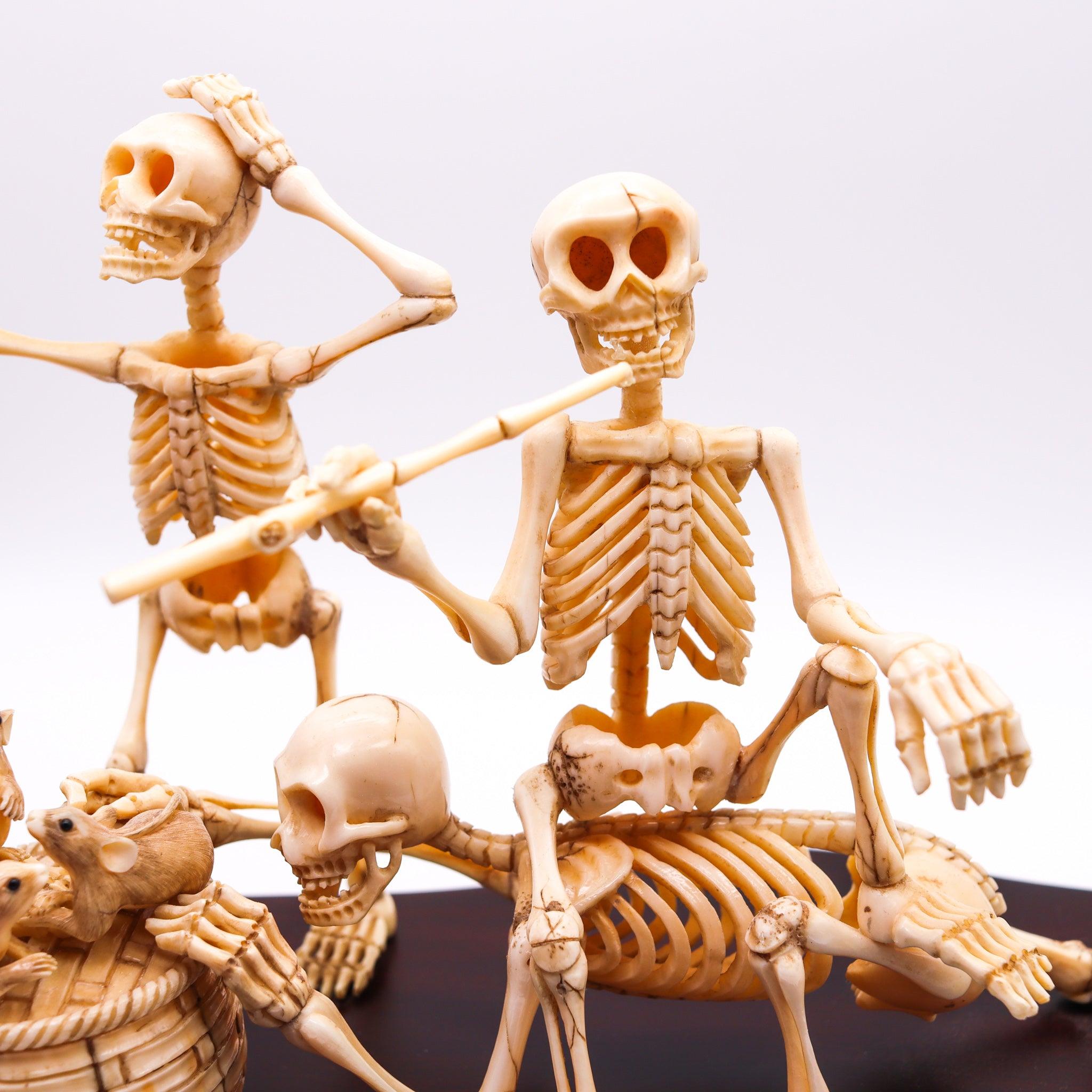 JAPAN 1890 Meiji Period Okimono Sculpture With A Group Of Skeletons Playing For Sale 3