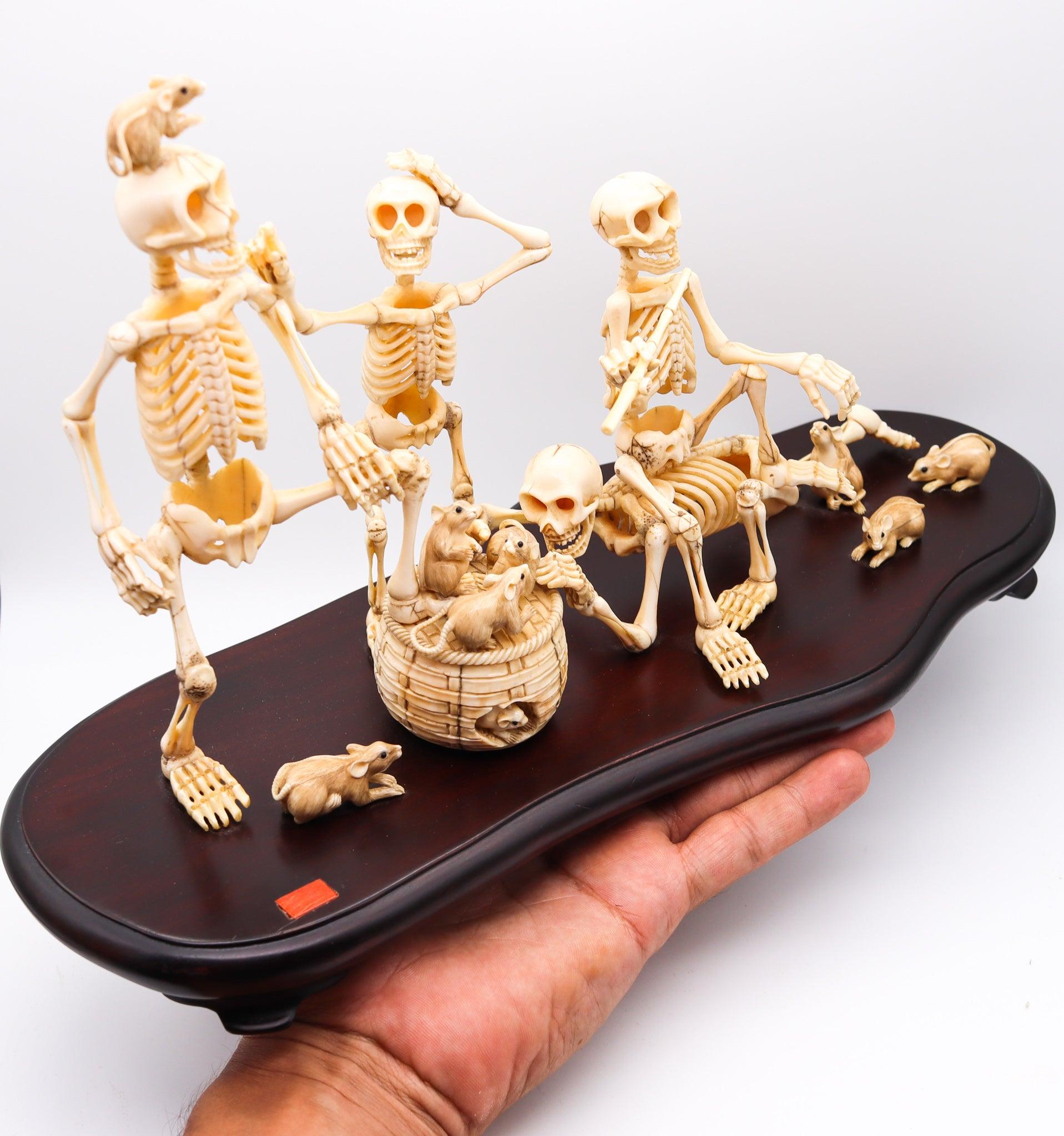JAPAN 1890 Meiji Period Okimono Sculpture With A Group Of Skeletons Playing For Sale 4