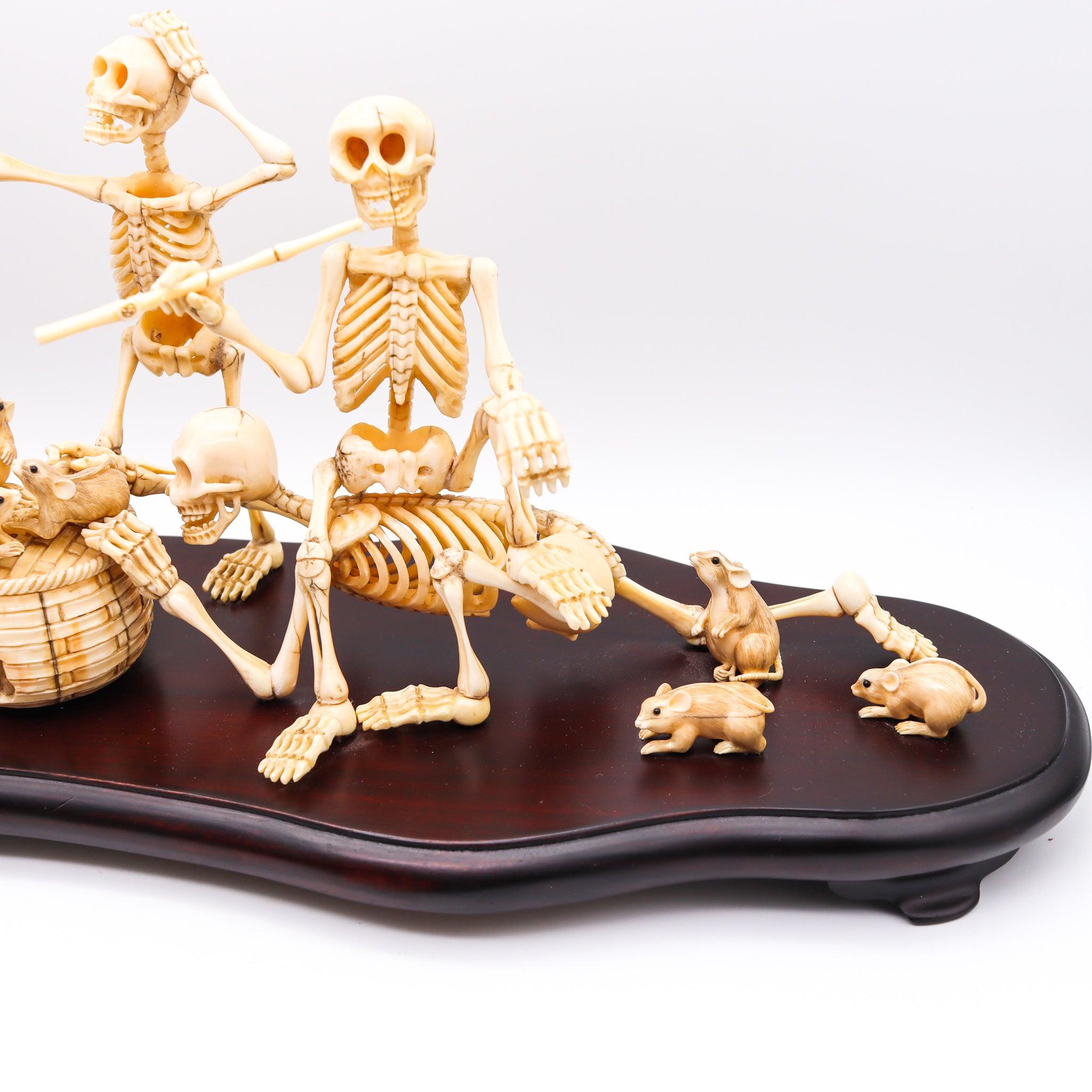 Japanese JAPAN 1890 Meiji Period Okimono Sculpture With A Group Of Skeletons Playing For Sale