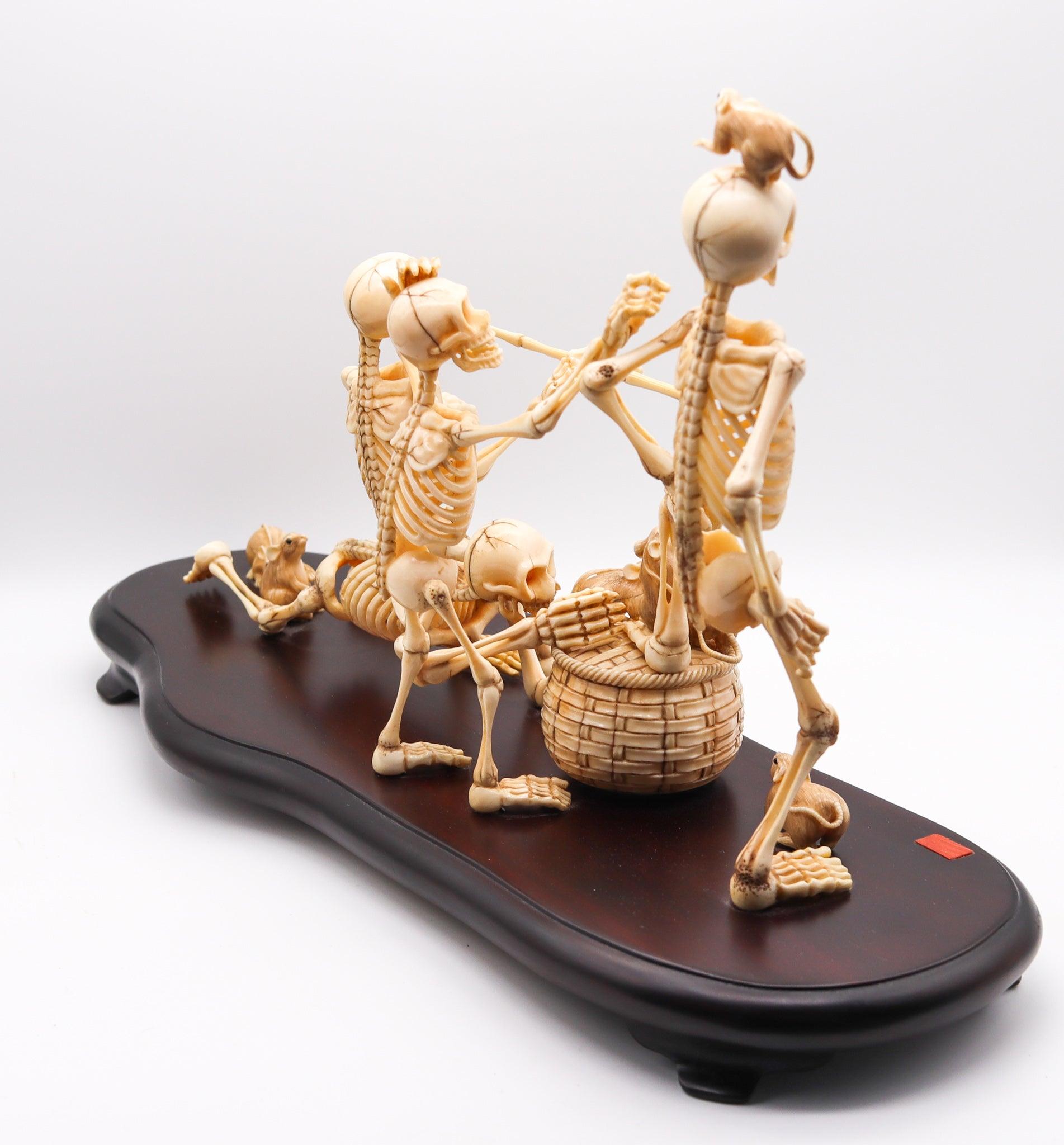 Late 19th Century JAPAN 1890 Meiji Period Okimono Sculpture With A Group Of Skeletons Playing For Sale