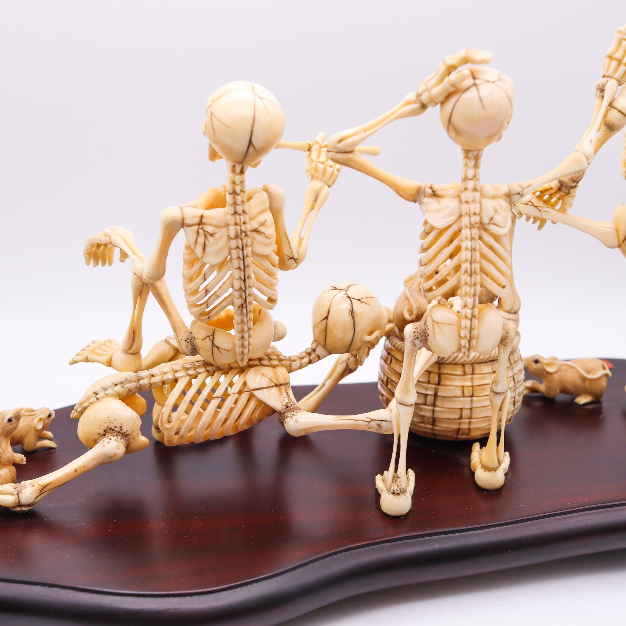 Wood JAPAN 1890 Meiji Period Okimono Sculpture With A Group Of Skeletons Playing For Sale