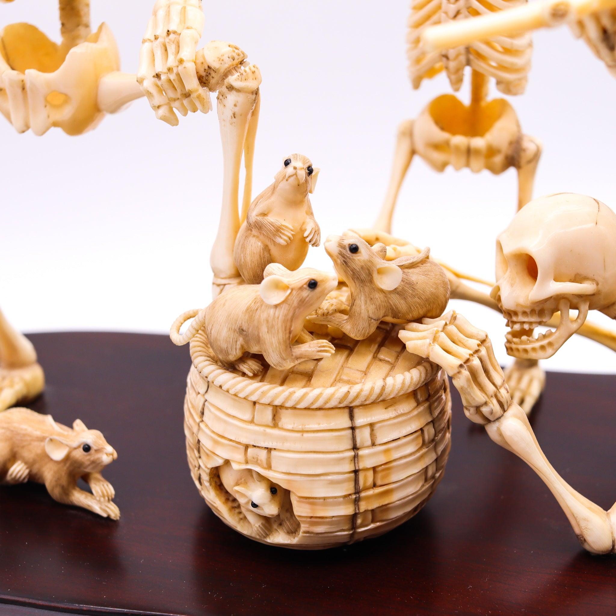 JAPAN 1890 Meiji Period Okimono Sculpture With A Group Of Skeletons Playing For Sale 1