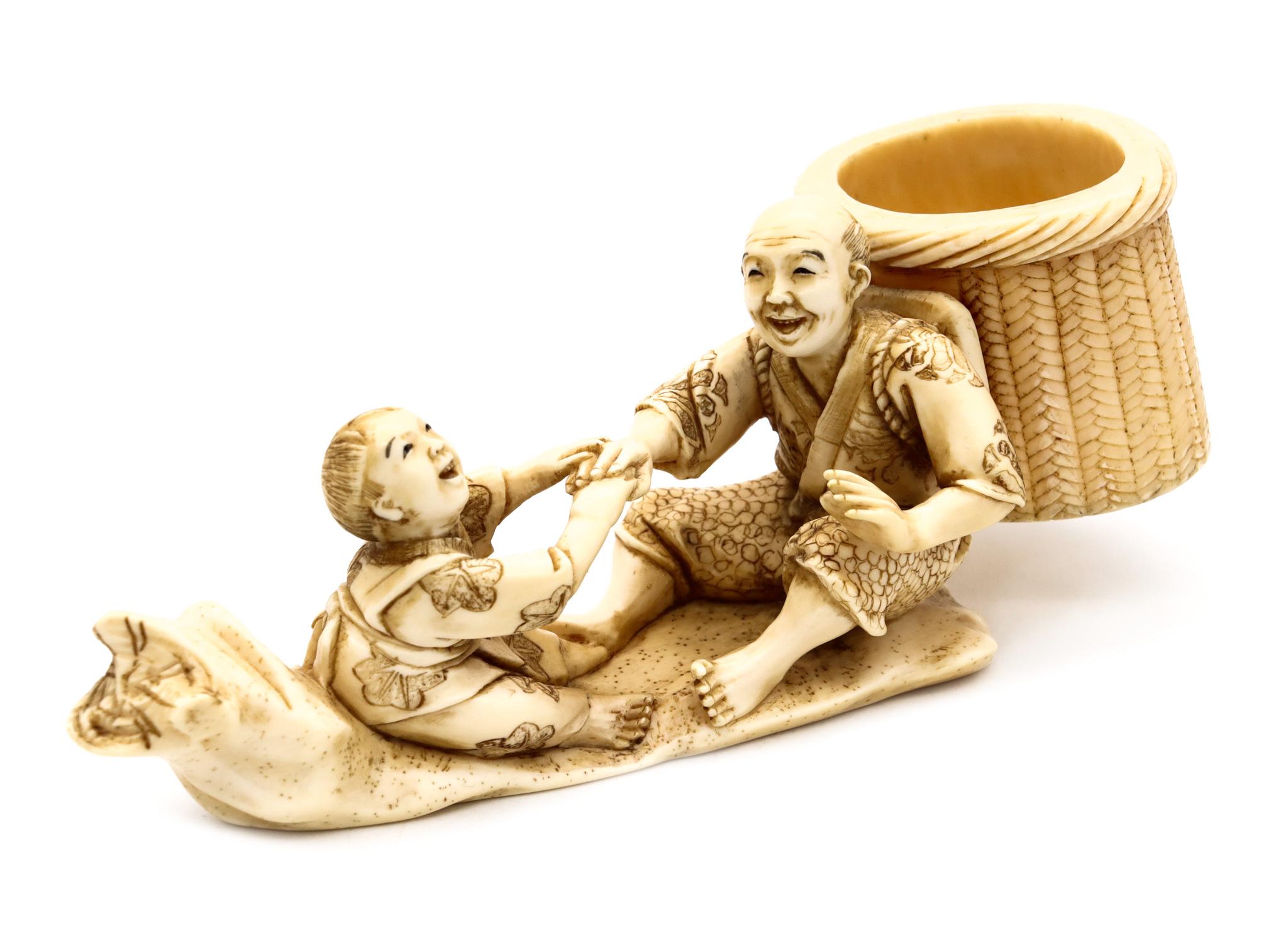 Japan 1890 Meiji Period Rare Carved Okimono Of A Father And Son Playing Signed For Sale