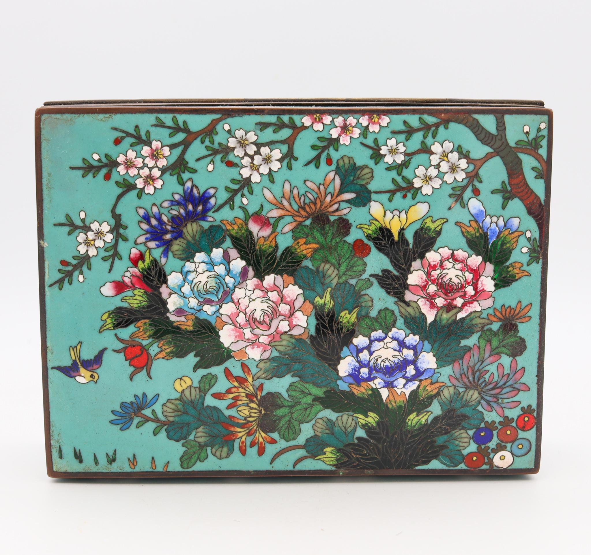 Japanese Japan 1890 Meiji Period Rectangular Bronze Box with Colorful Enamel Cloisonne