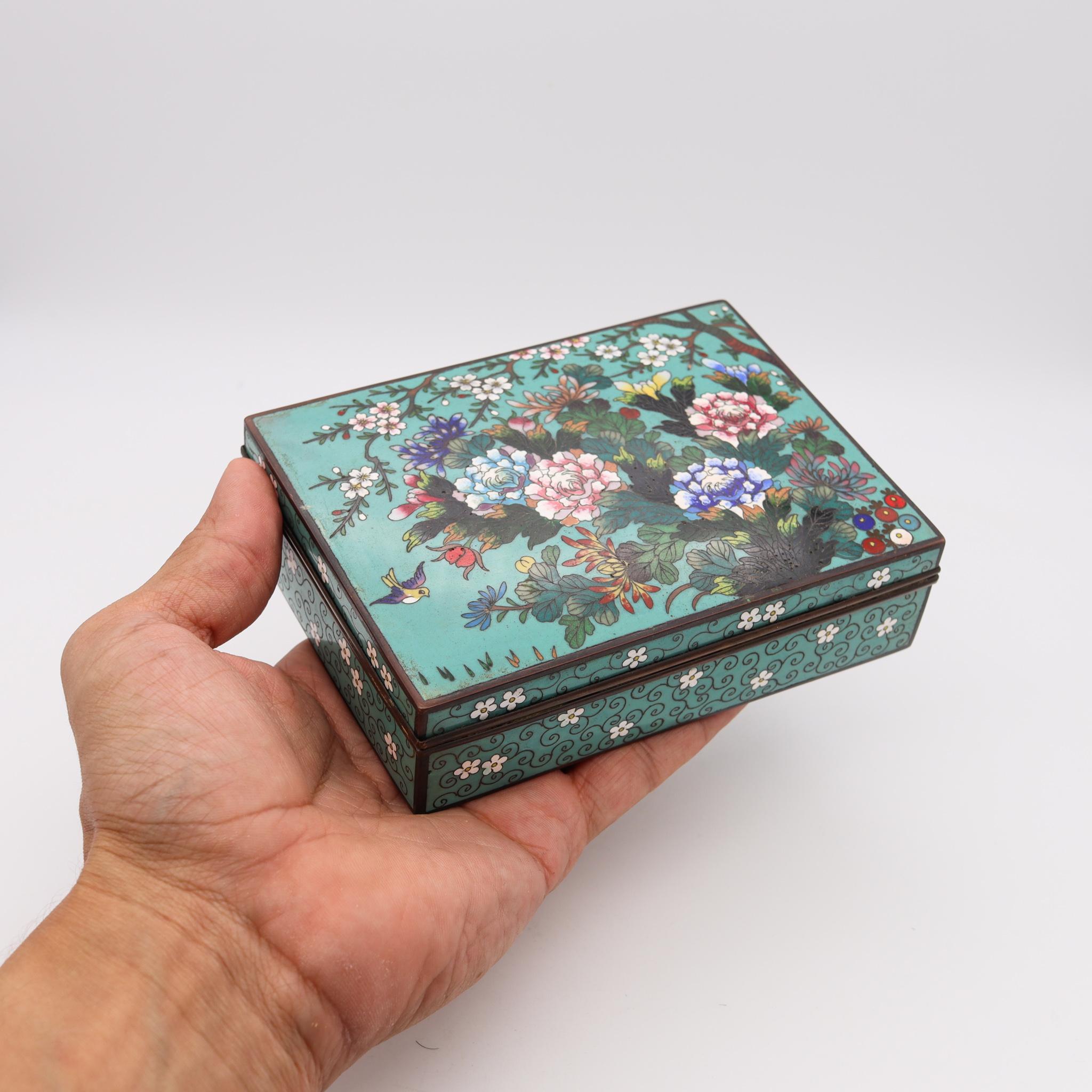 Cloissoné Japan 1890 Meiji Period Rectangular Bronze Box with Colorful Enamel Cloisonne