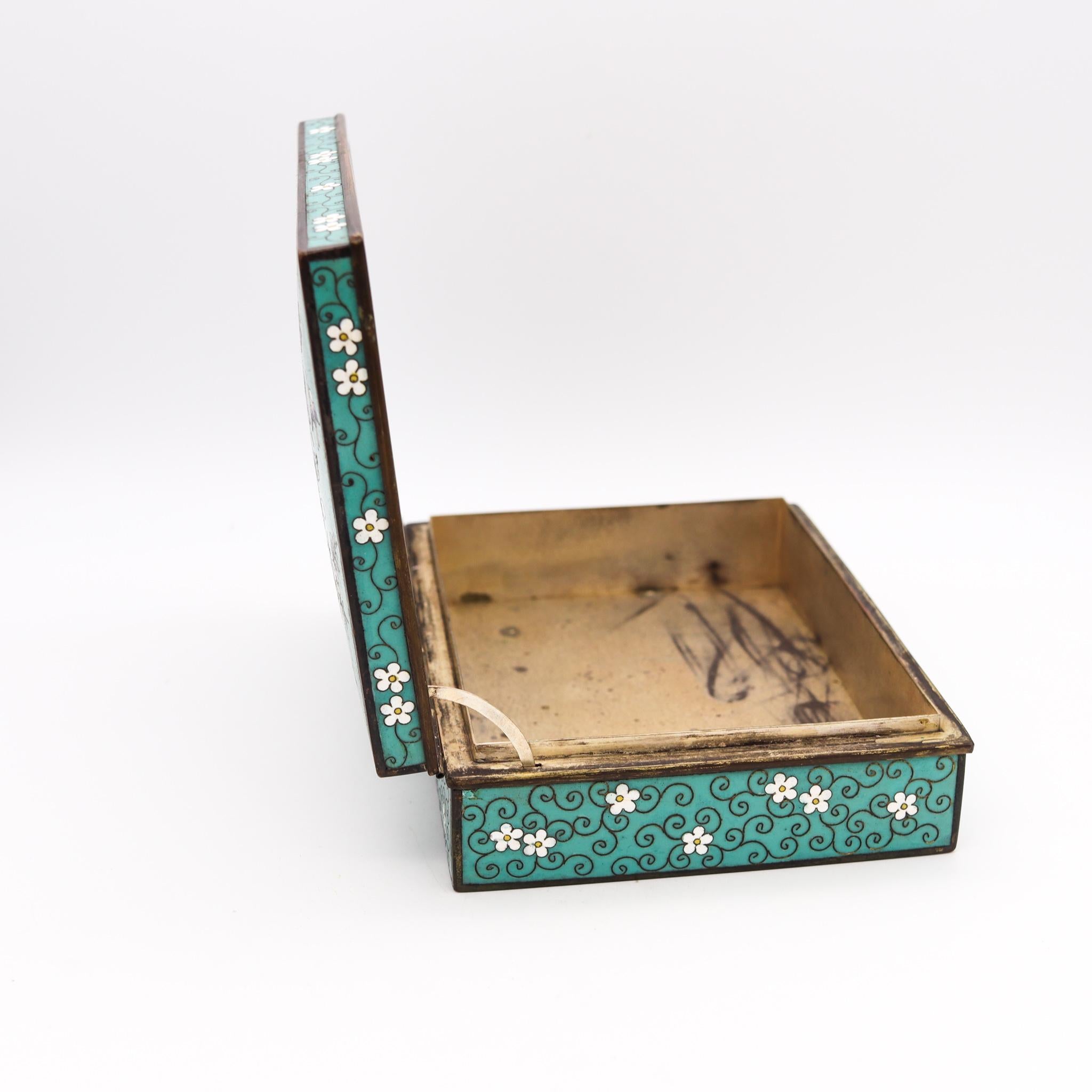 Japan 1890 Meiji Period Rectangular Bronze Box with Colorful Enamel Cloisonne In Excellent Condition In Miami, FL