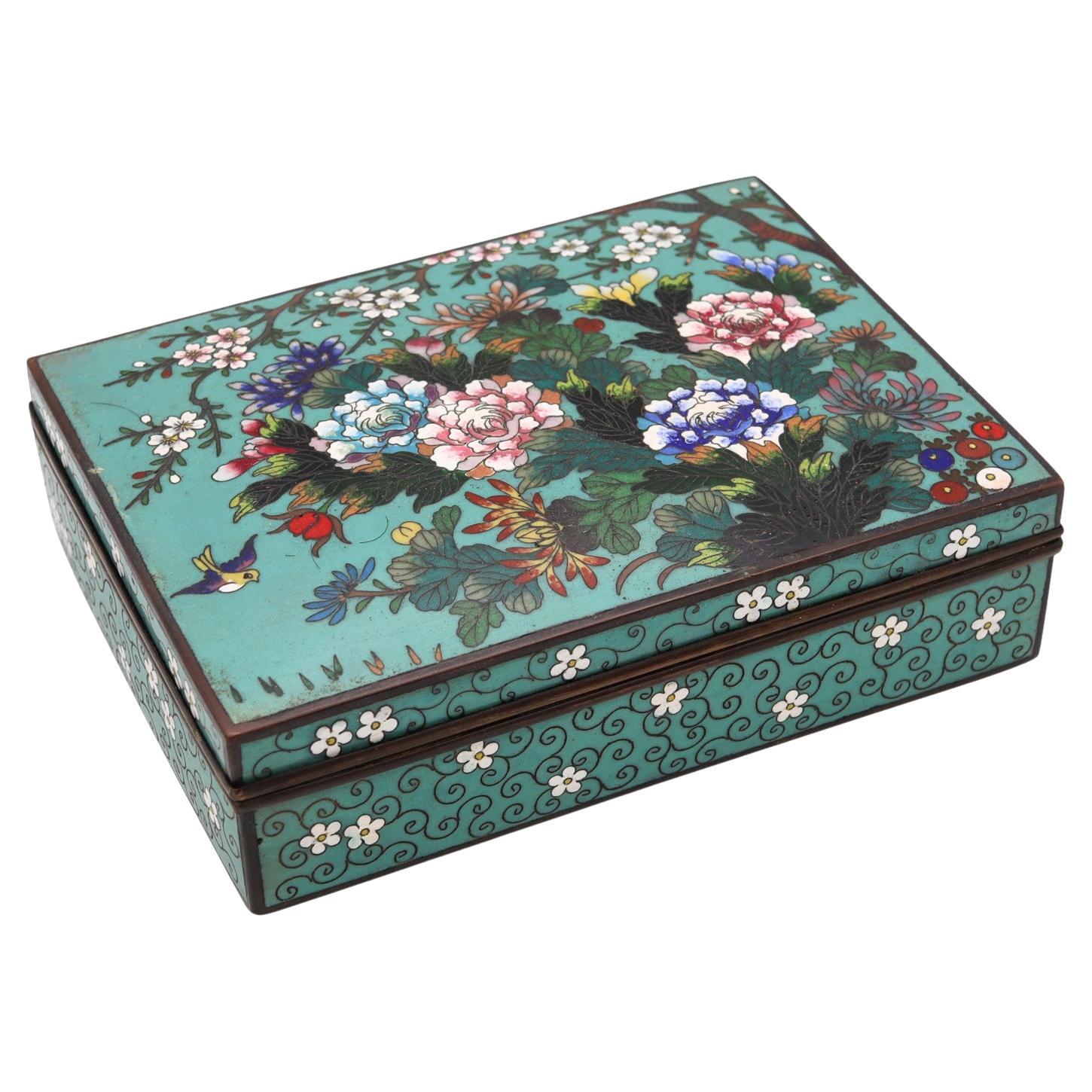 Japan 1890 Meiji Period Rectangular Bronze Box with Colorful Enamel Cloisonne