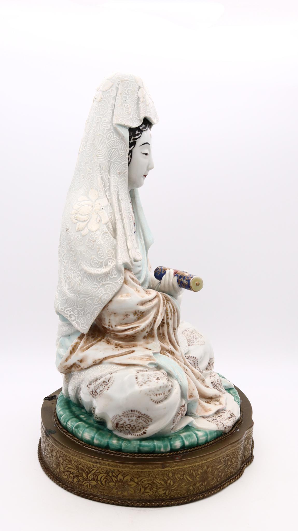 Polychromed Japan 1890 Meiji Period Seated Figure of Quan Yin in Enamelled White Porcelain