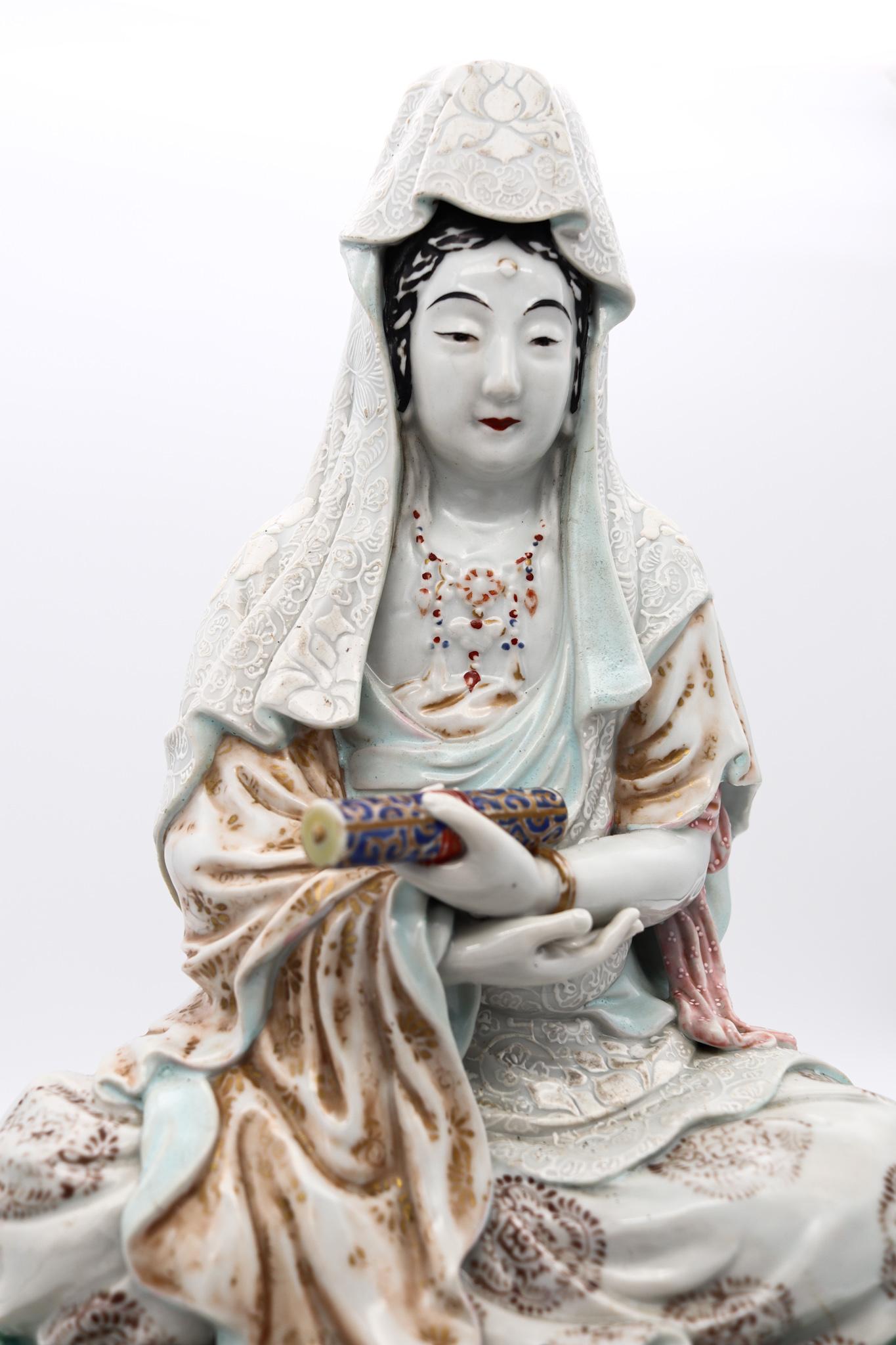 Bronze Japan 1890 Meiji Period Seated Figure of Quan Yin in Enamelled White Porcelain