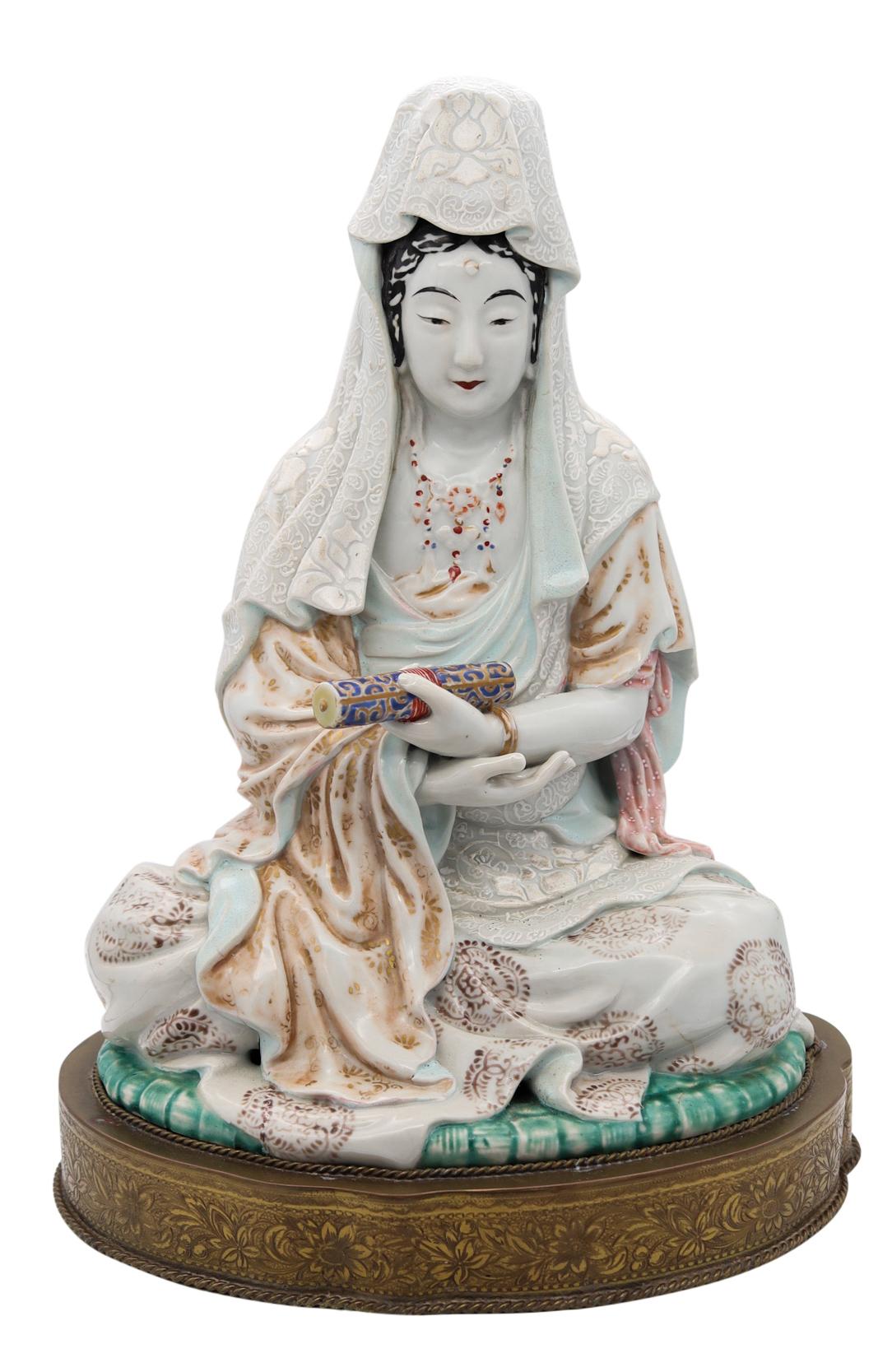 Japan 1890 Meiji Period Seated Figure of Quan Yin in Enamelled White Porcelain