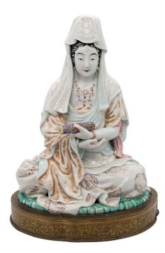 Antique Japan 1890 Meiji Period Seated Figure of Quan Yin in Enamelled White Porcelain