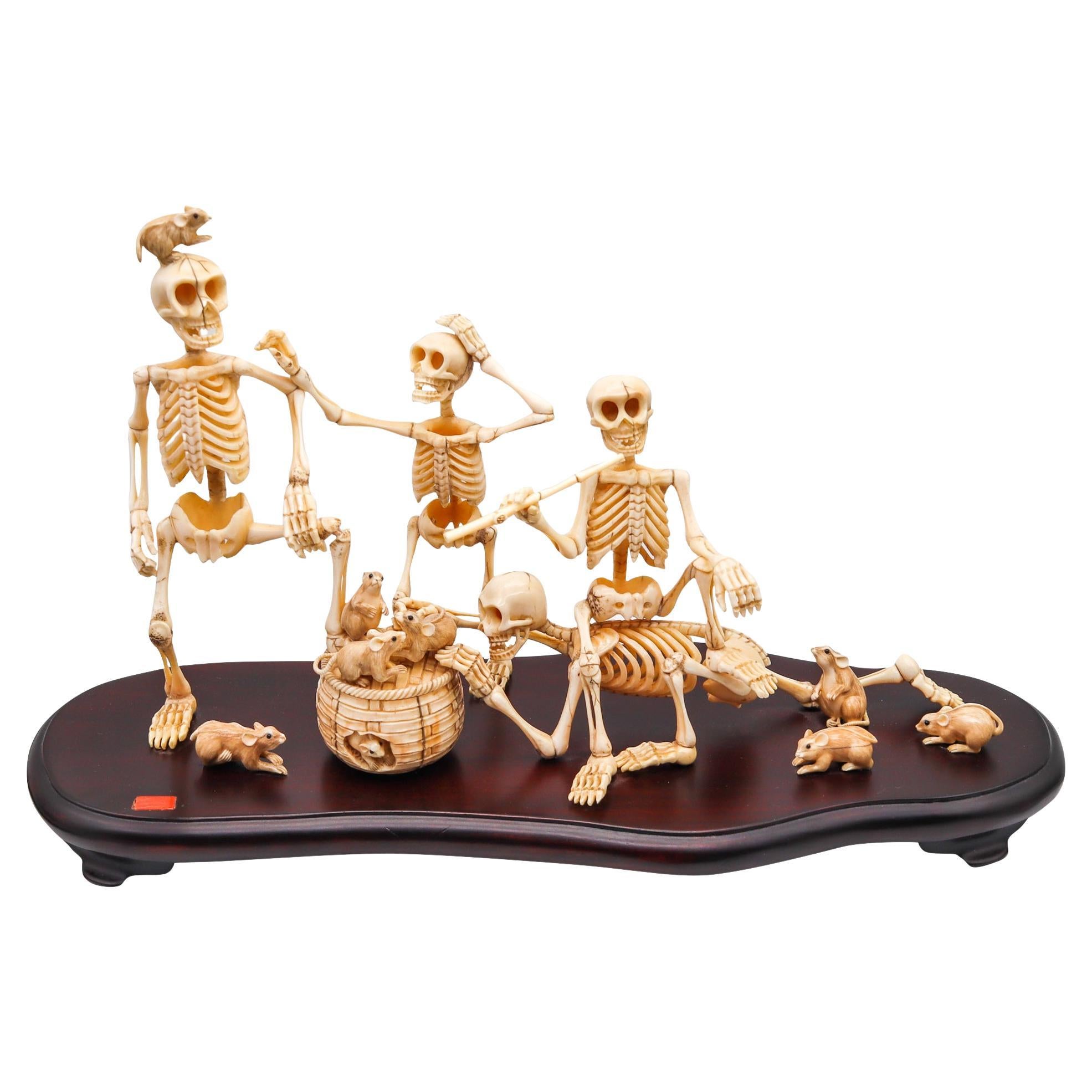 Japan 1890 Meiji Period Signed Assembling of Okimono with a Group of Skeletons For Sale