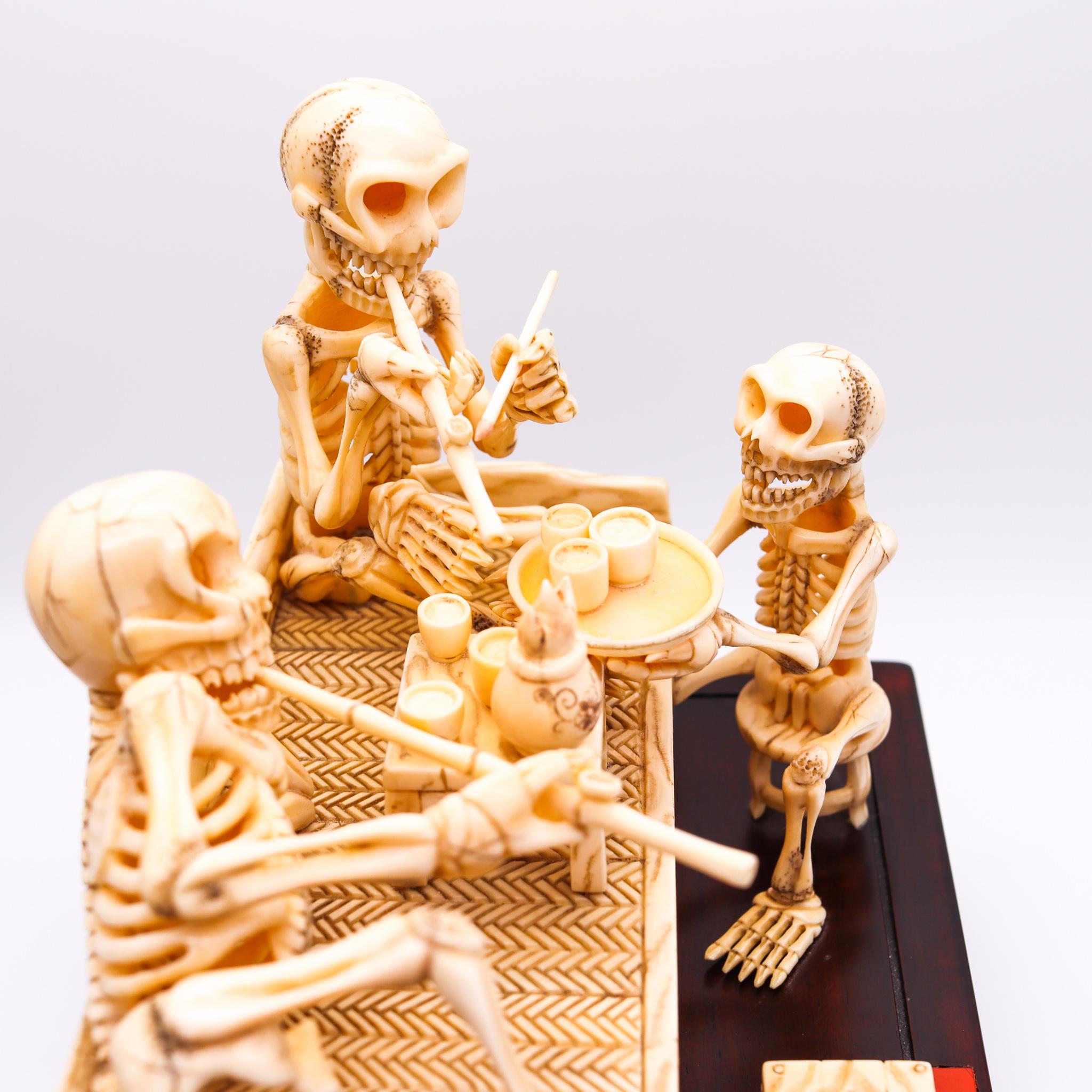 Hand-Carved Japan 1890 Meiji Period Signed Okimono Sculpture of a Group of Skeletons Smoking For Sale