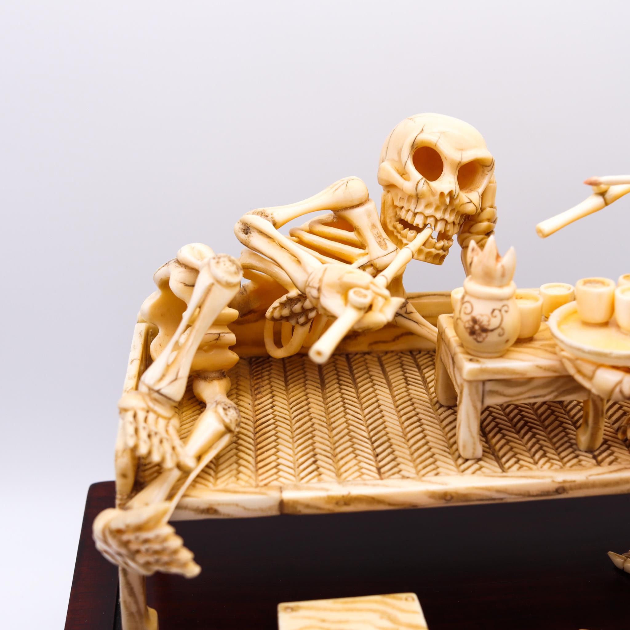Wood Japan 1890 Meiji Period Signed Okimono Sculpture of a Group of Skeletons Smoking For Sale