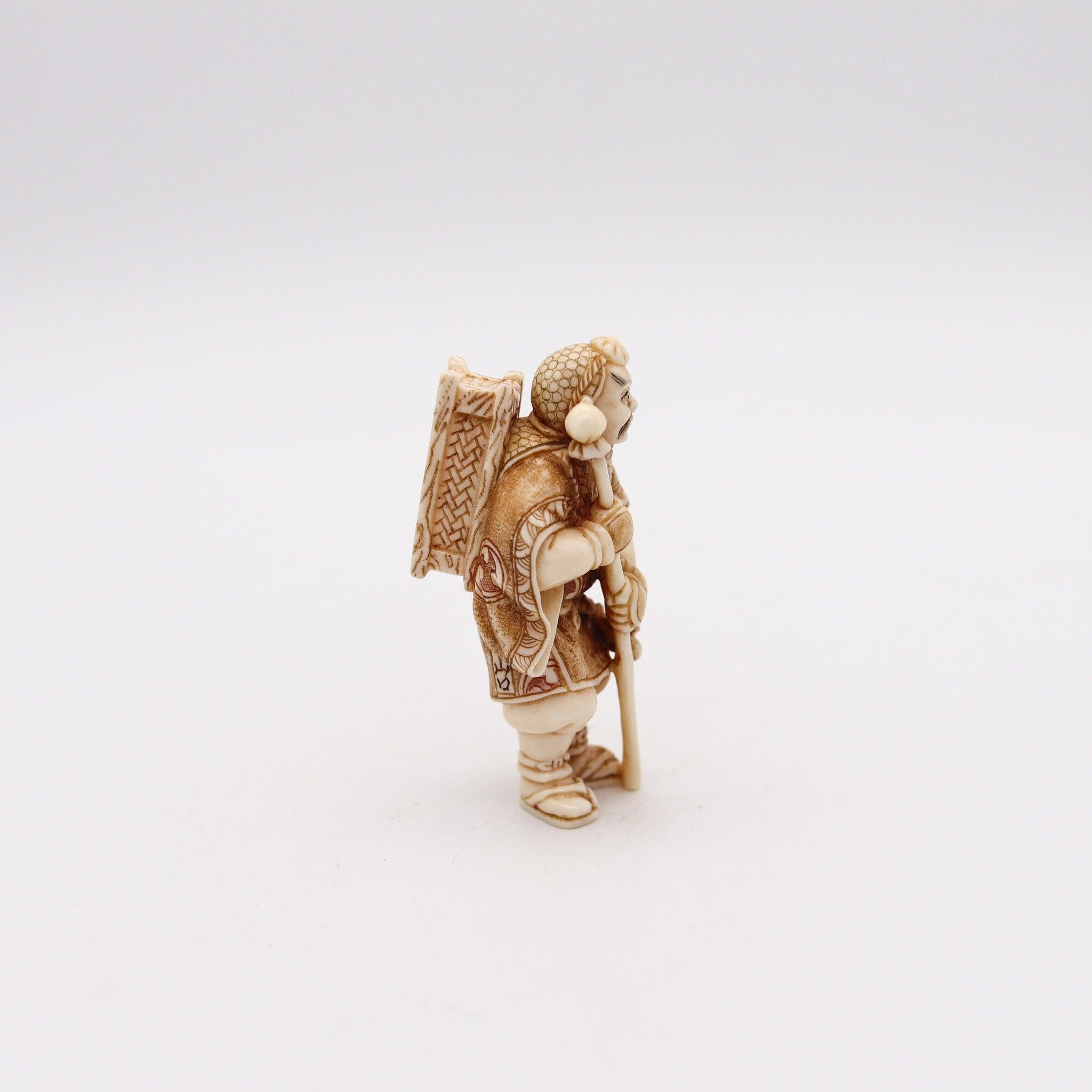 Japanese JAPAN 1890 Meiji Polychromate Netsuke Of a Yamabushi Carved In Ivory