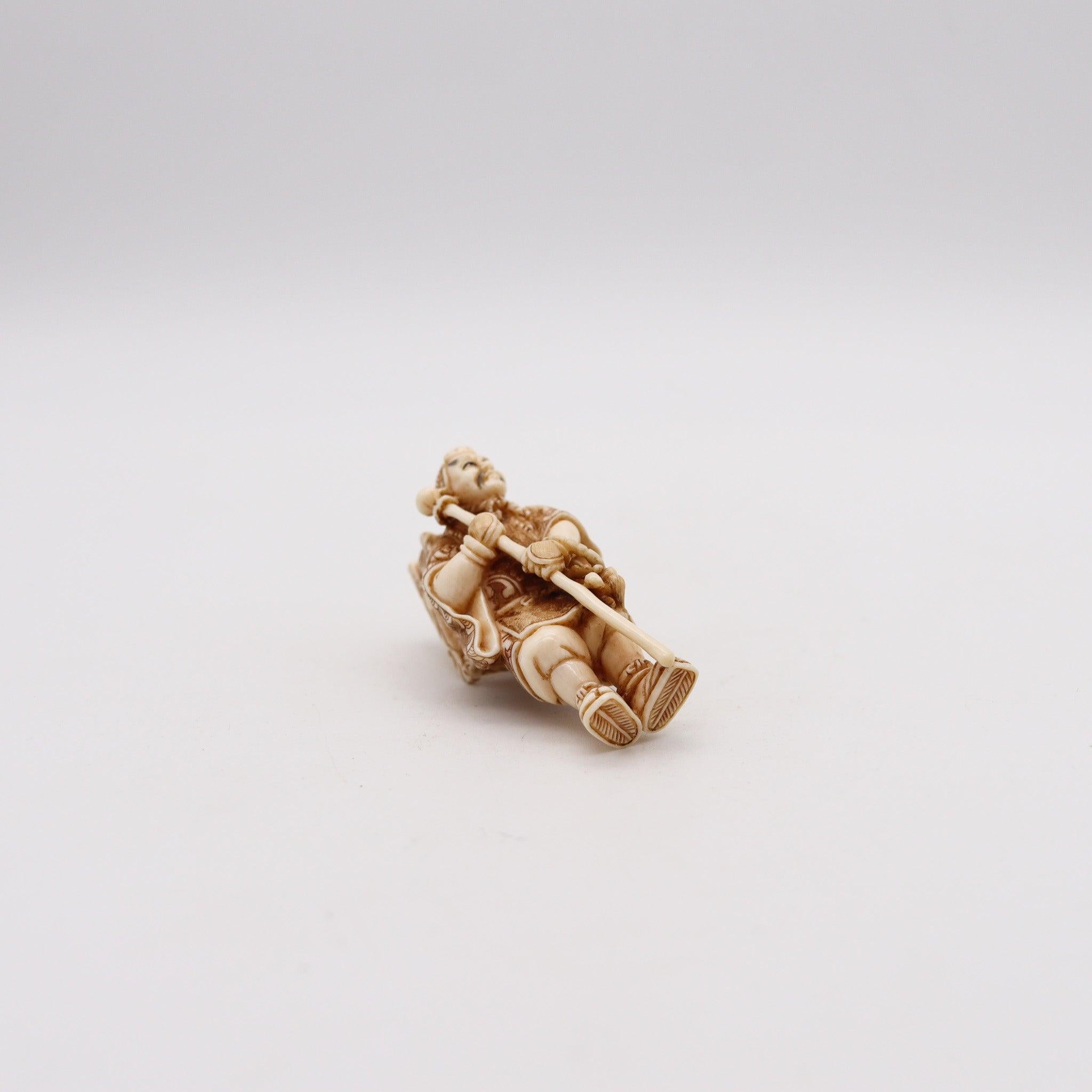 Hand-Carved JAPAN 1890 Meiji Polychromate Netsuke Of a Yamabushi Carved In Ivory