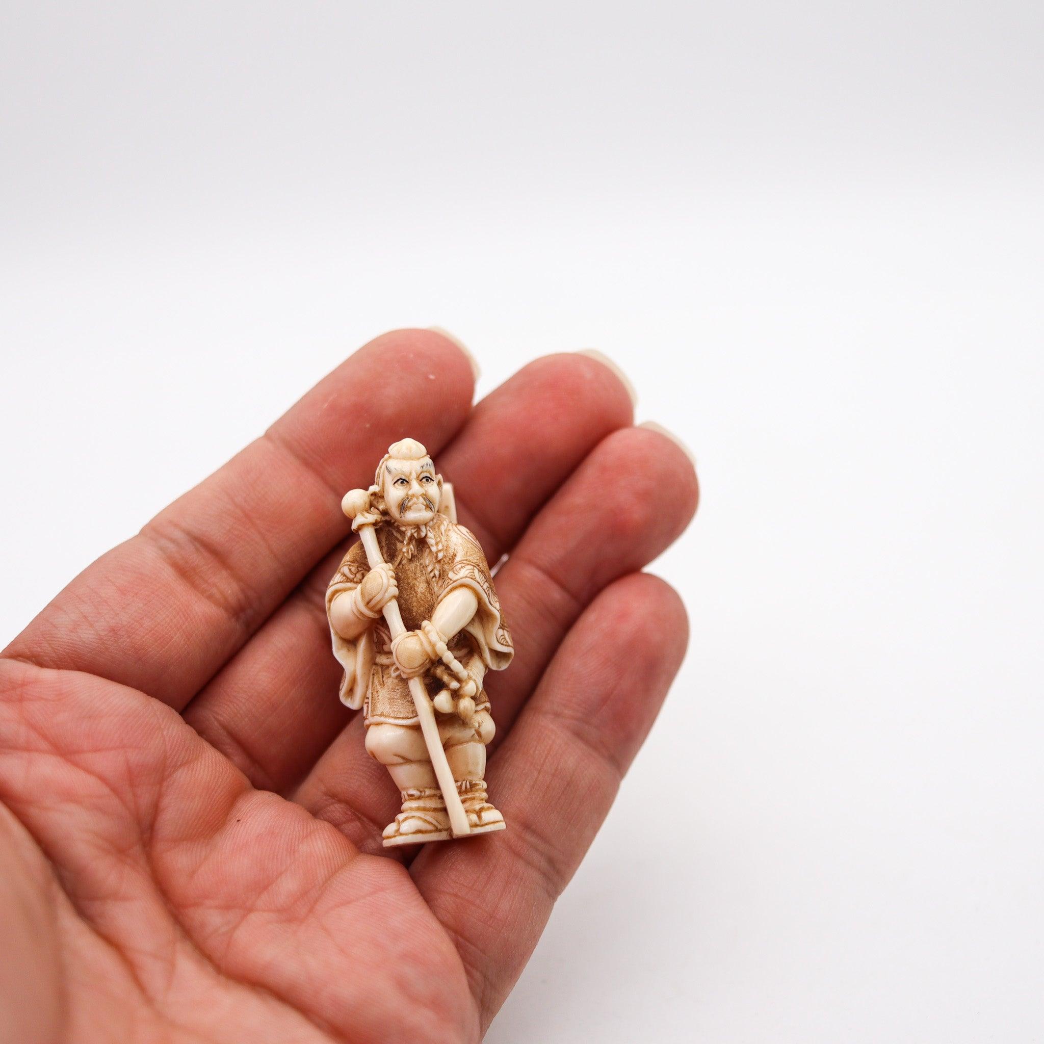 JAPAN 1890 Meiji Polychromate Netsuke Of a Yamabushi Carved In Ivory In Excellent Condition In Miami, FL