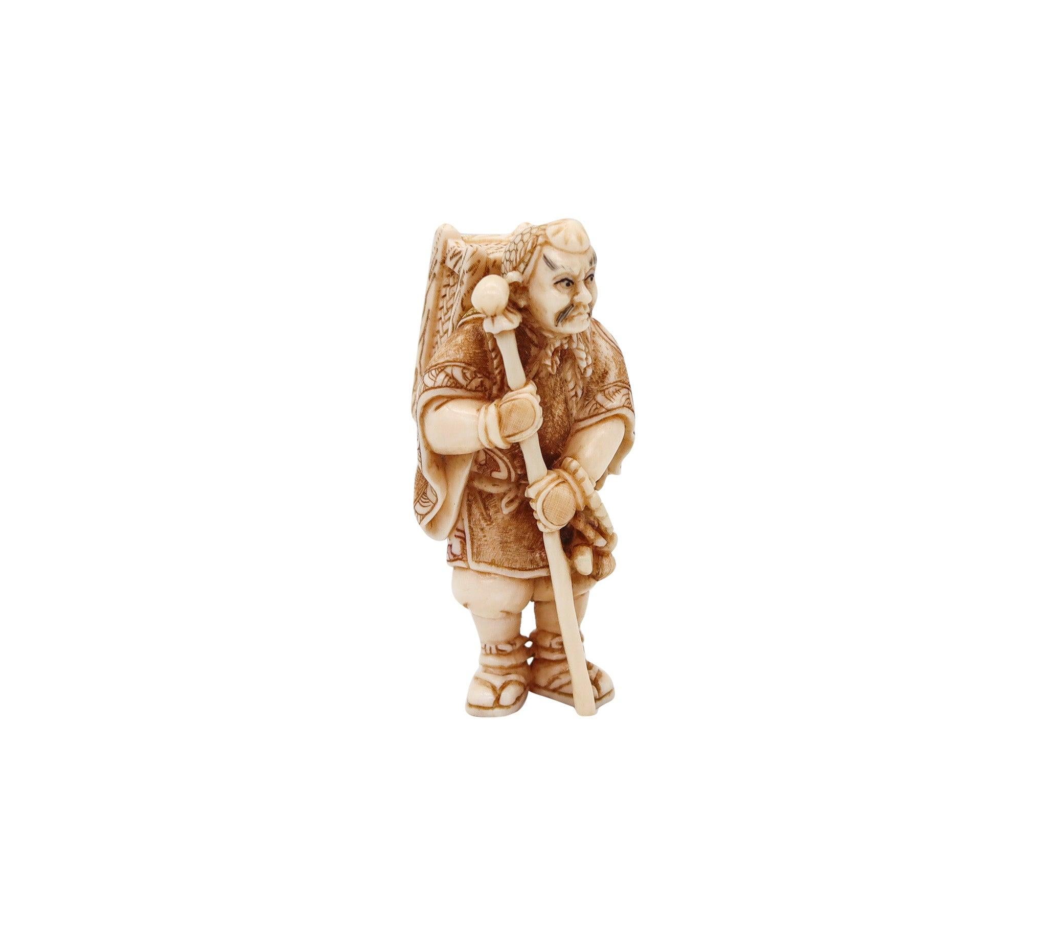 Late 19th Century JAPAN 1890 Meiji Polychromate Netsuke Of a Yamabushi Carved In Ivory