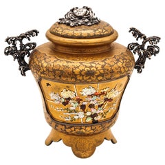 Japan 1890 Meiji Shibayama Round Urn in Gilded Wood and Sterling Silver