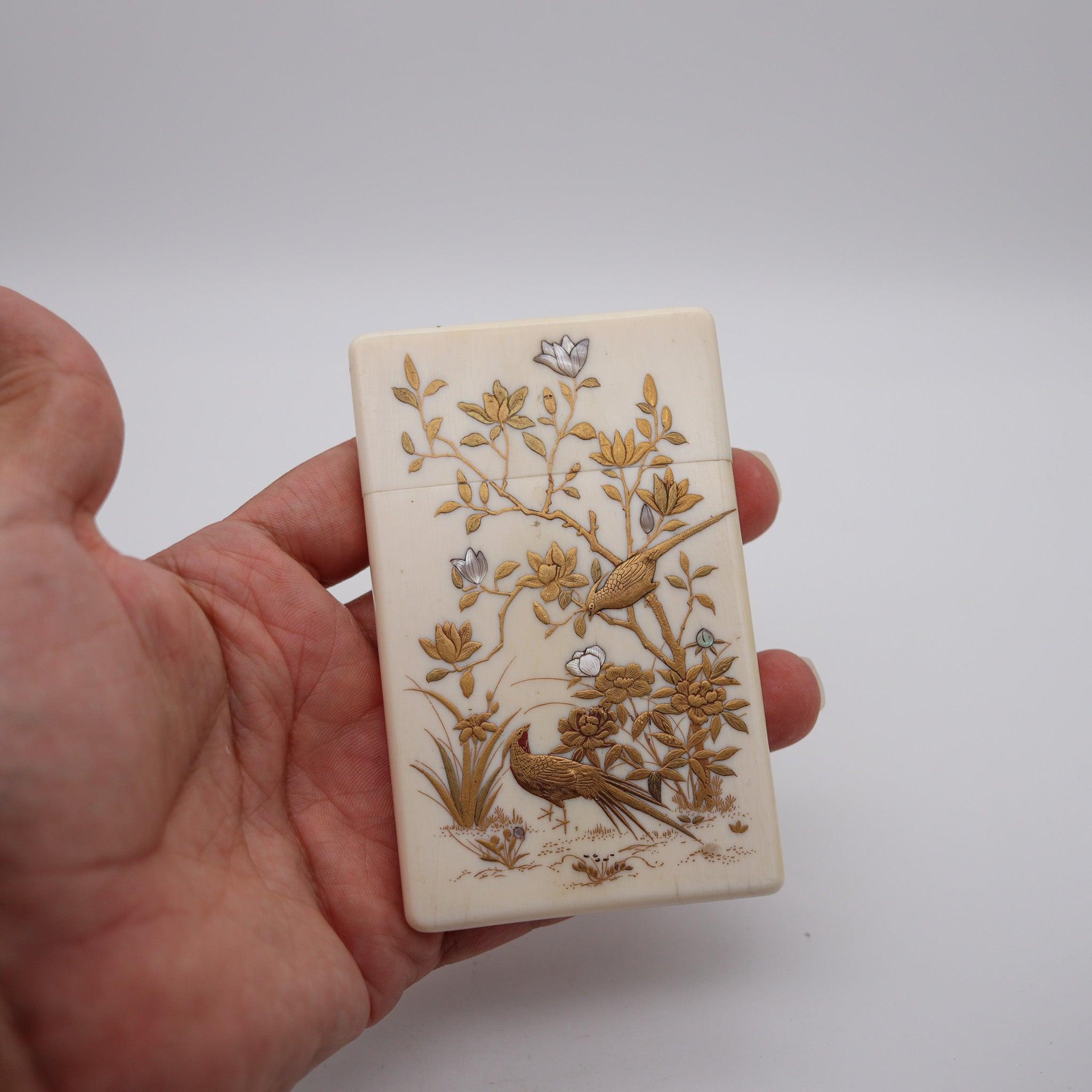 JAPAN 1890 Shibayama Carved Cards Holder In With Genuine Gemstones For Sale 3