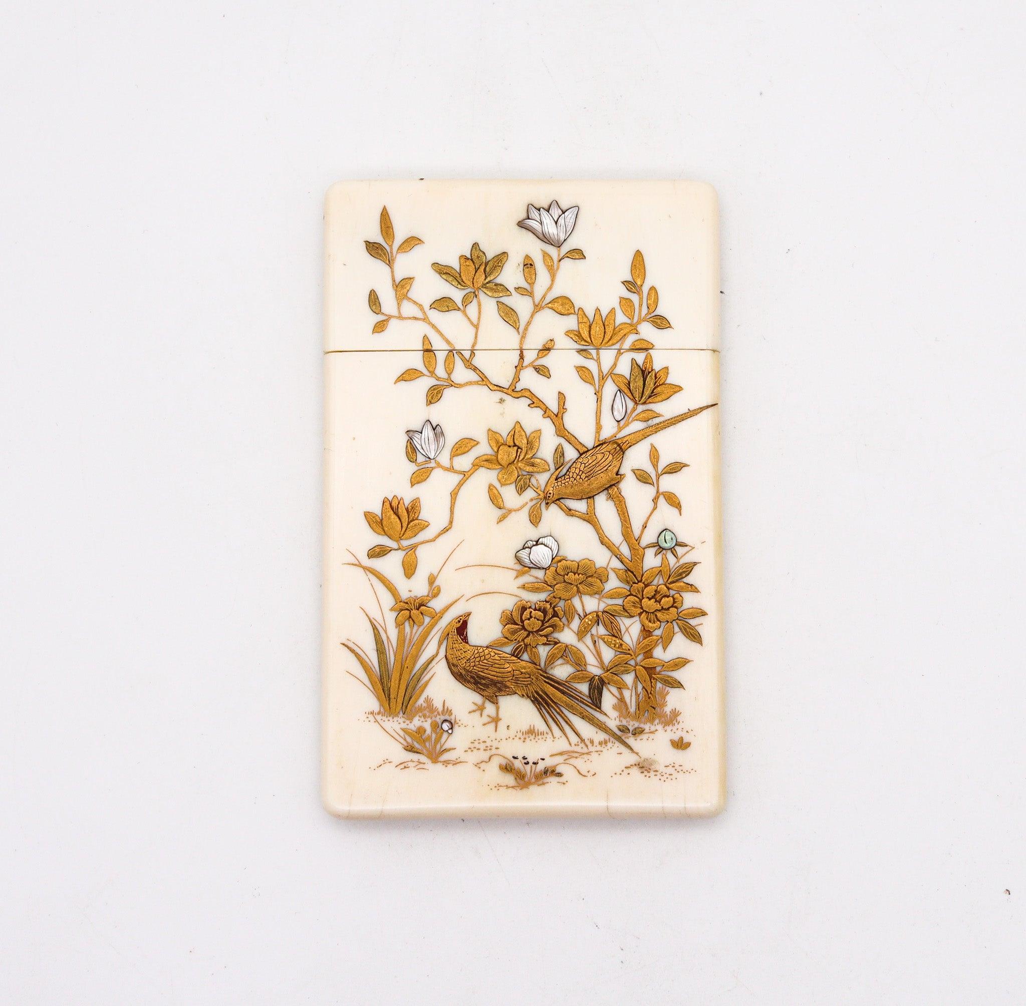 Japanese Shibayama cards case holder.

This is a lovely late 19th century Imperial Japan, Gold lacquer and Shibayama cards case. Created during the the Meiji period (1868-1912), the artist has captured in great detail the scene of two quails