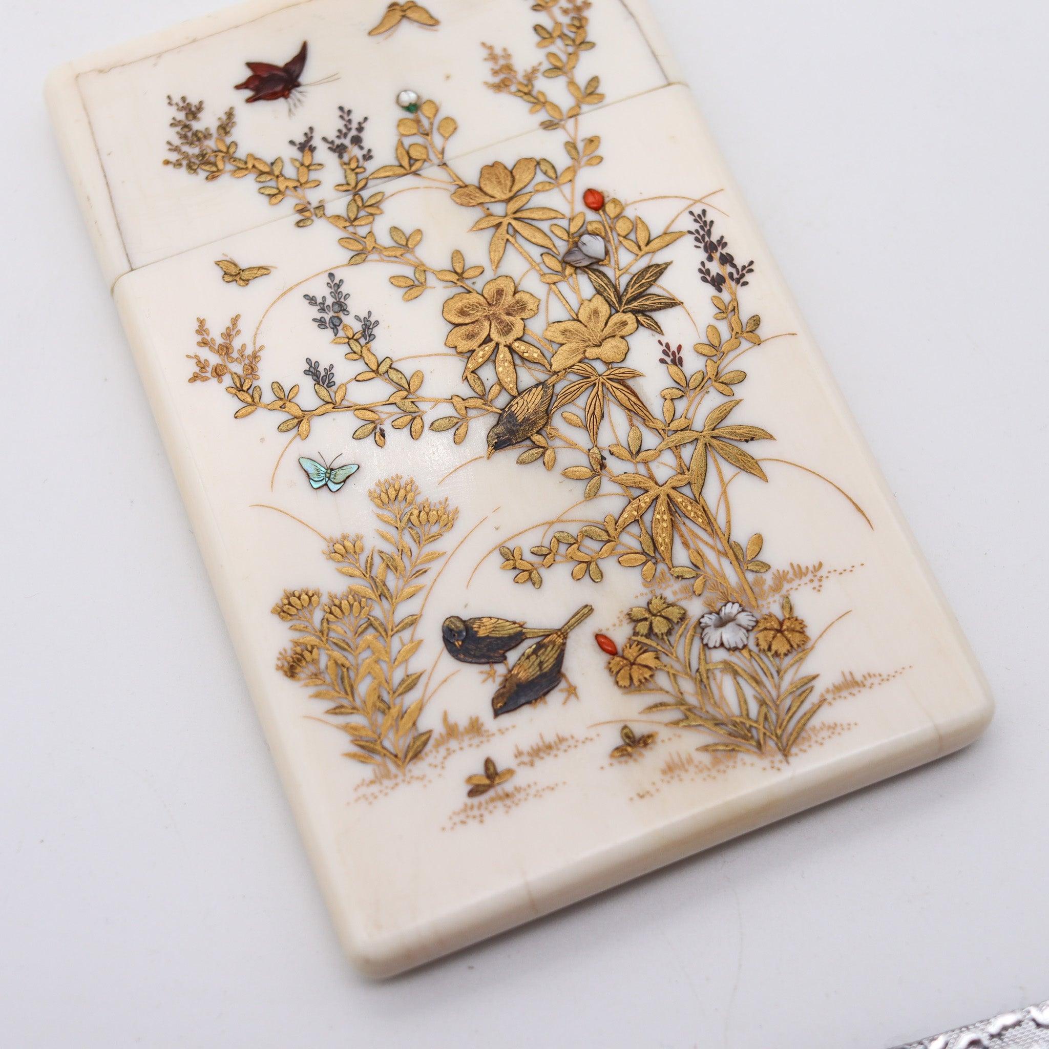 JAPAN 1890 Shibayama Carved Cards Holder In With Genuine Gemstones In Good Condition For Sale In Miami, FL