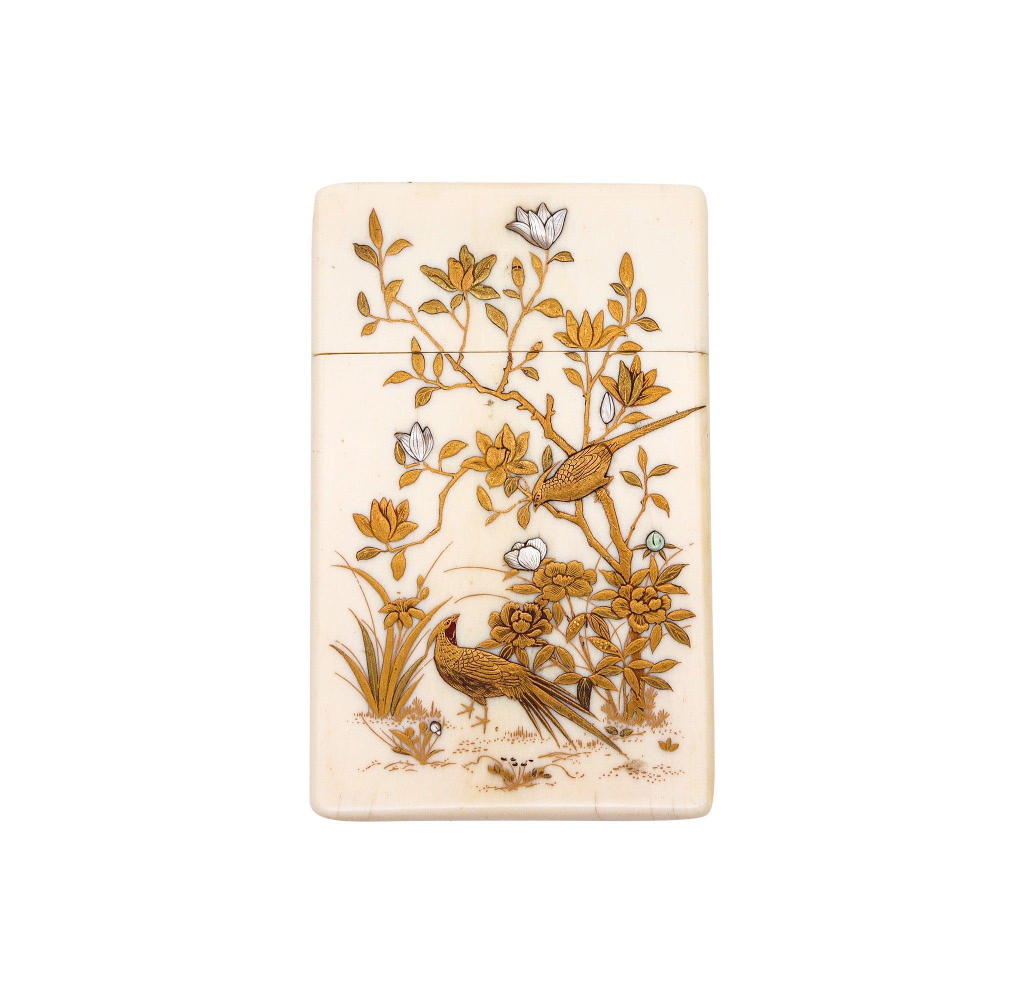Gold JAPAN 1890 Shibayama Carved Cards Holder In With Genuine Gemstones For Sale