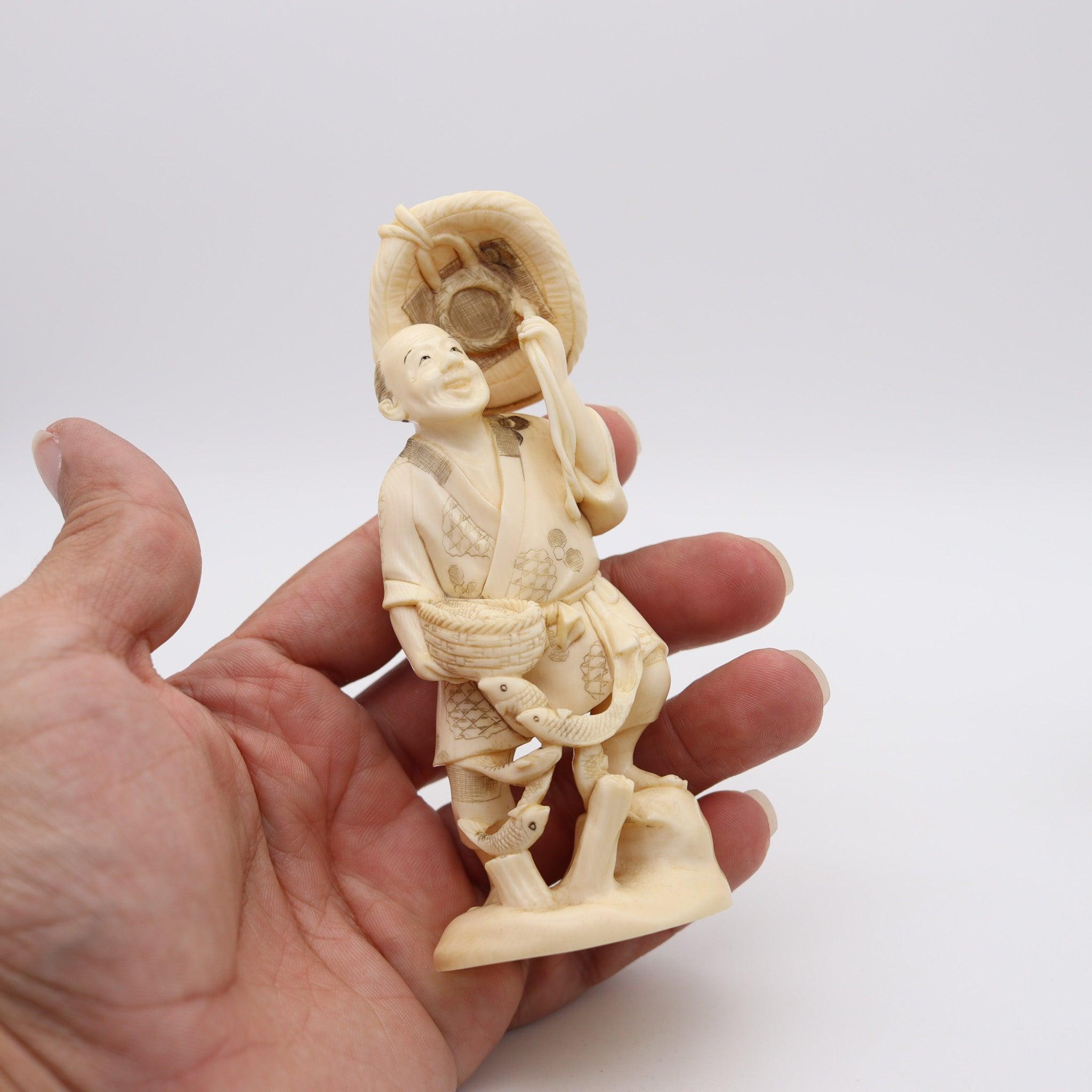 JAPAN 1895 Meiji Okimono Sculpture of a Daikoku Carved In Ivory 4