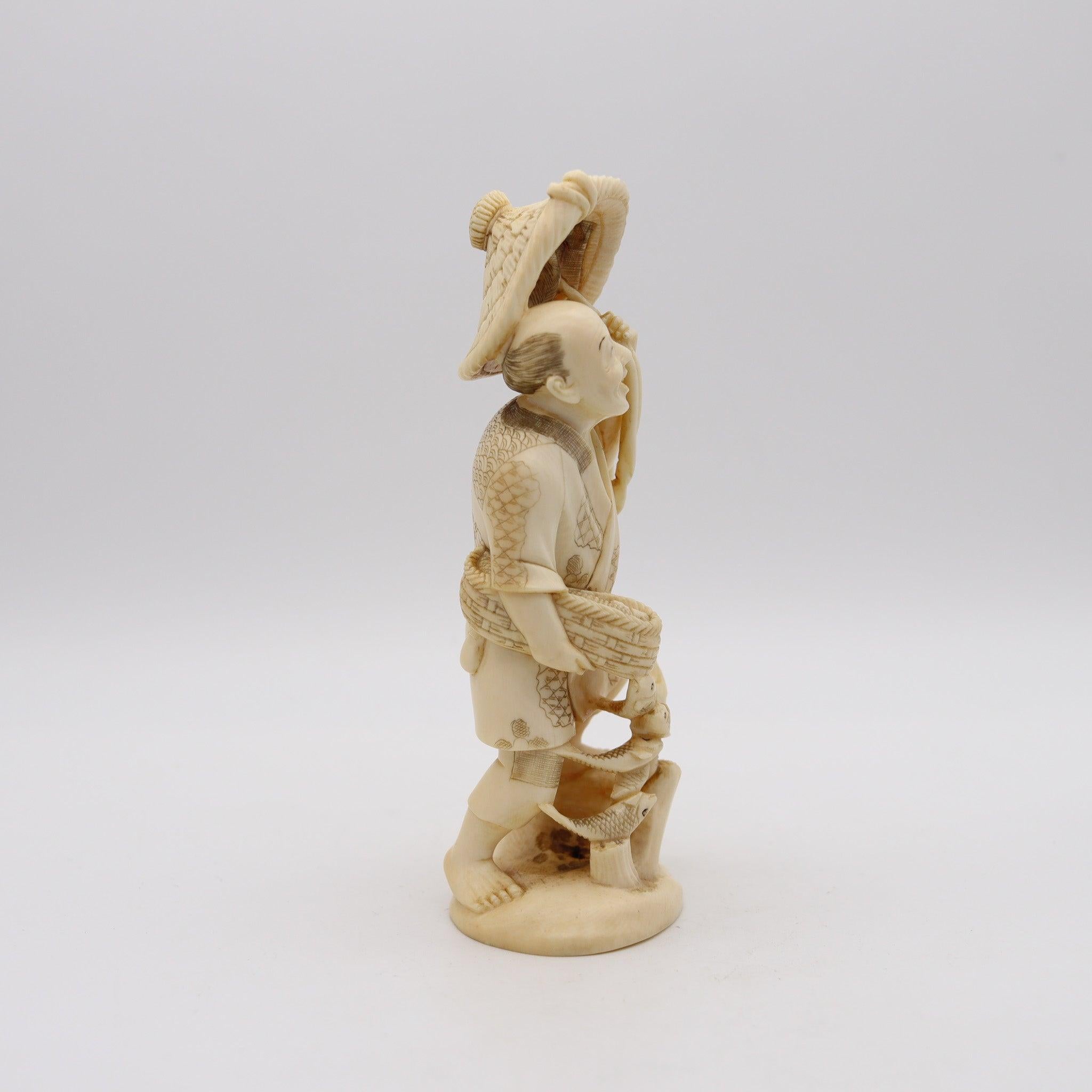 Meiji period okimono of Daikoku.

This is a beautiful okimono sculpture, created in the late 19th century during the imperial Japan in the Meiji era period, back in he 1895. The rare okimono sculpture has been carefully carved in ivory with engraved