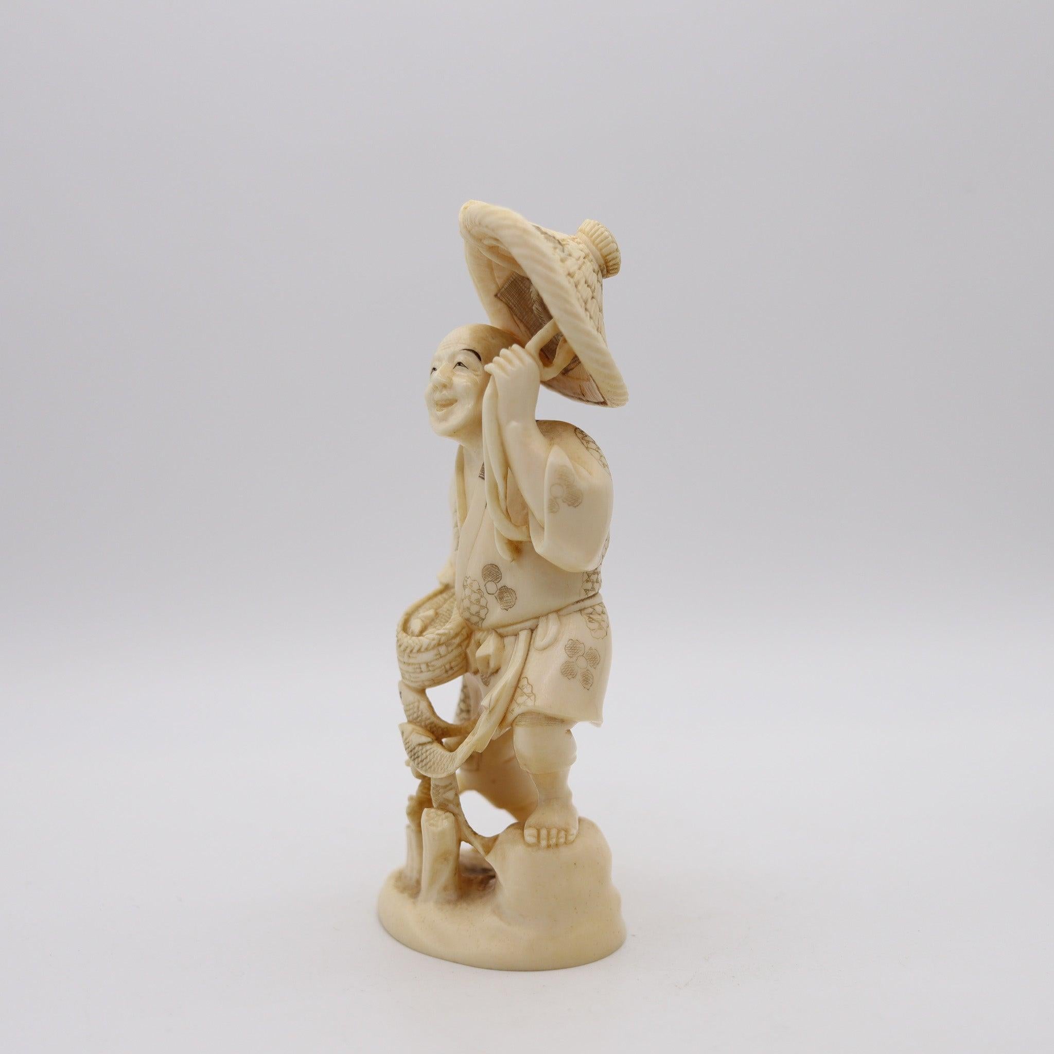 Japanese JAPAN 1895 Meiji Okimono Sculpture of a Daikoku Carved In Ivory