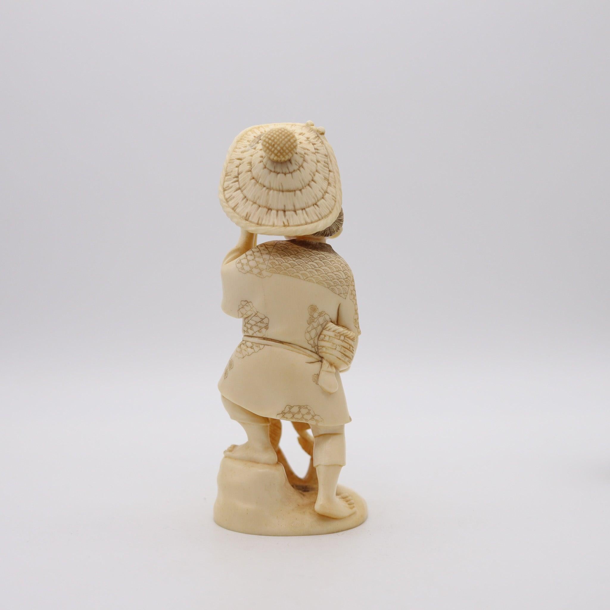Hand-Carved JAPAN 1895 Meiji Okimono Sculpture of a Daikoku Carved In Ivory