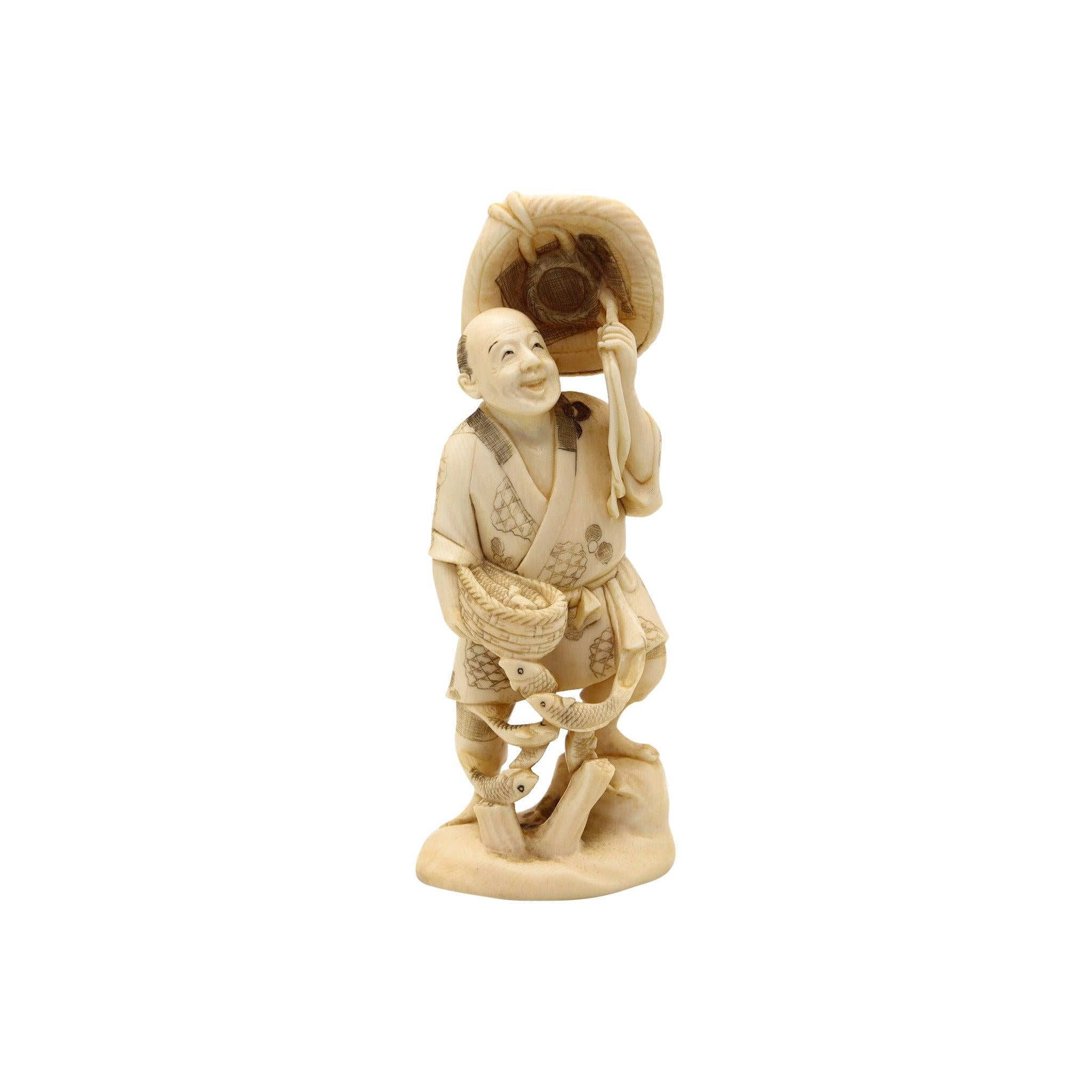 JAPAN 1895 Meiji Okimono Sculpture of a Daikoku Carved In Ivory 1