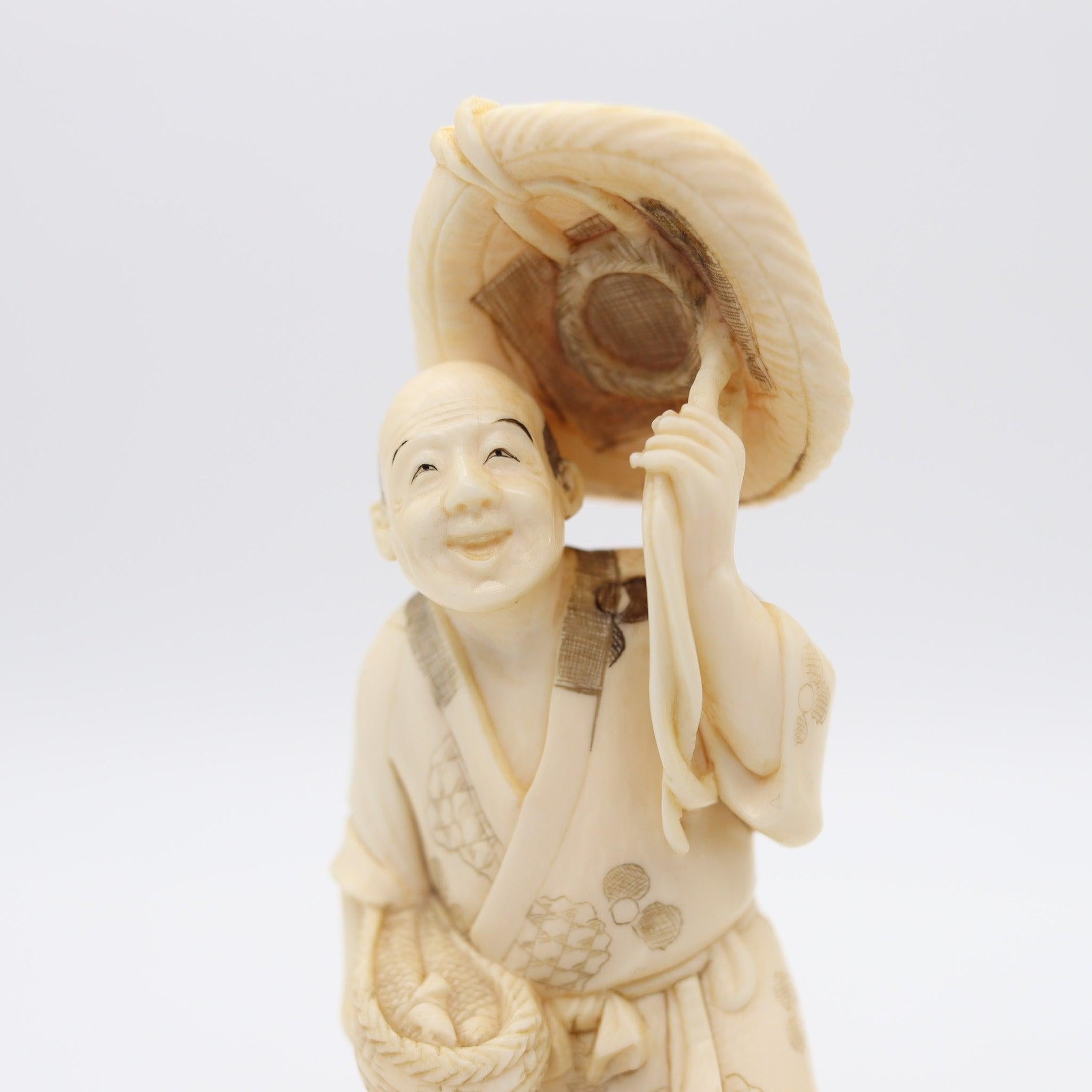 JAPAN 1895 Meiji Okimono Sculpture of a Daikoku Carved In Ivory 2