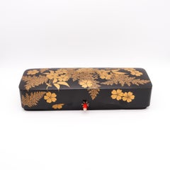 JAPAN 1900 Meiji Fubako Box In Hiramaki-e Lacquered Black Wood With Gilding