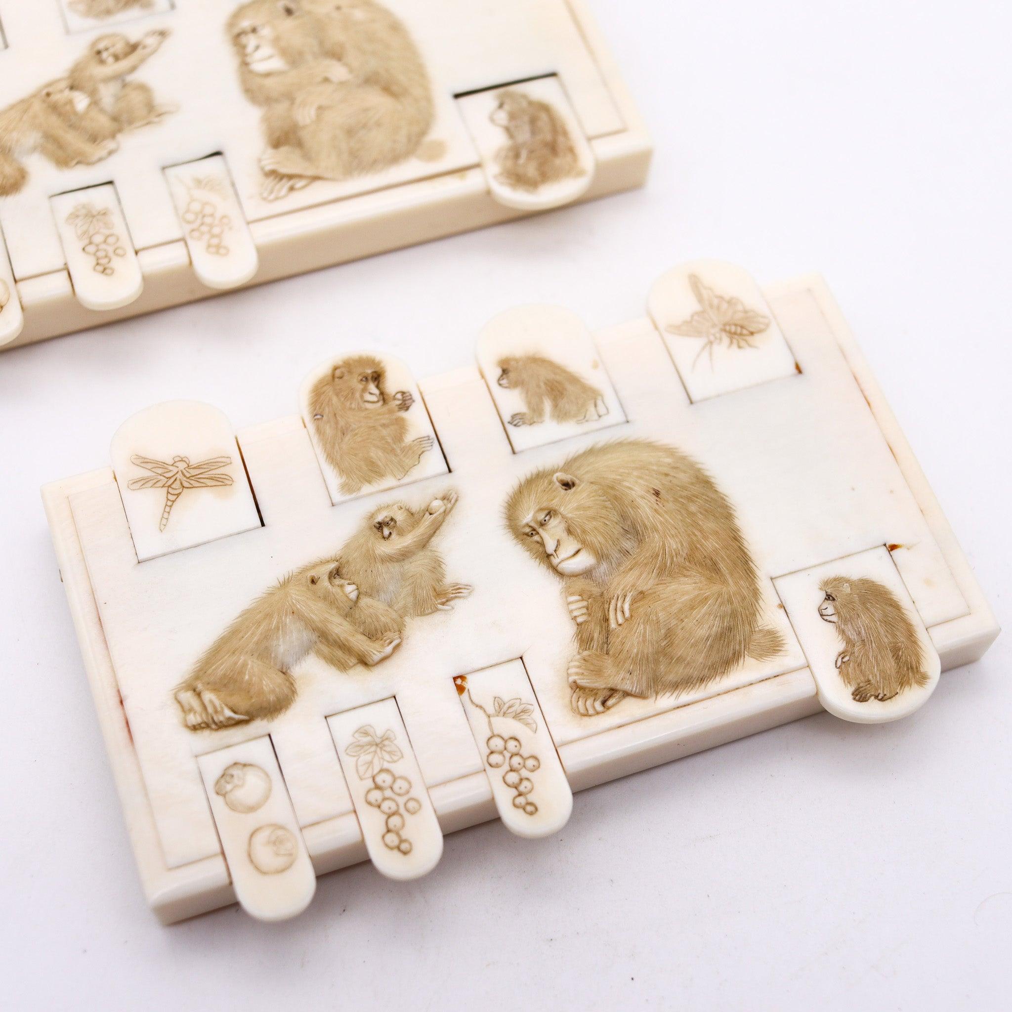 Japanese JAPAN 1900 Meiji Pair of Ivory Bezique Whist Game Counters With Monkeys