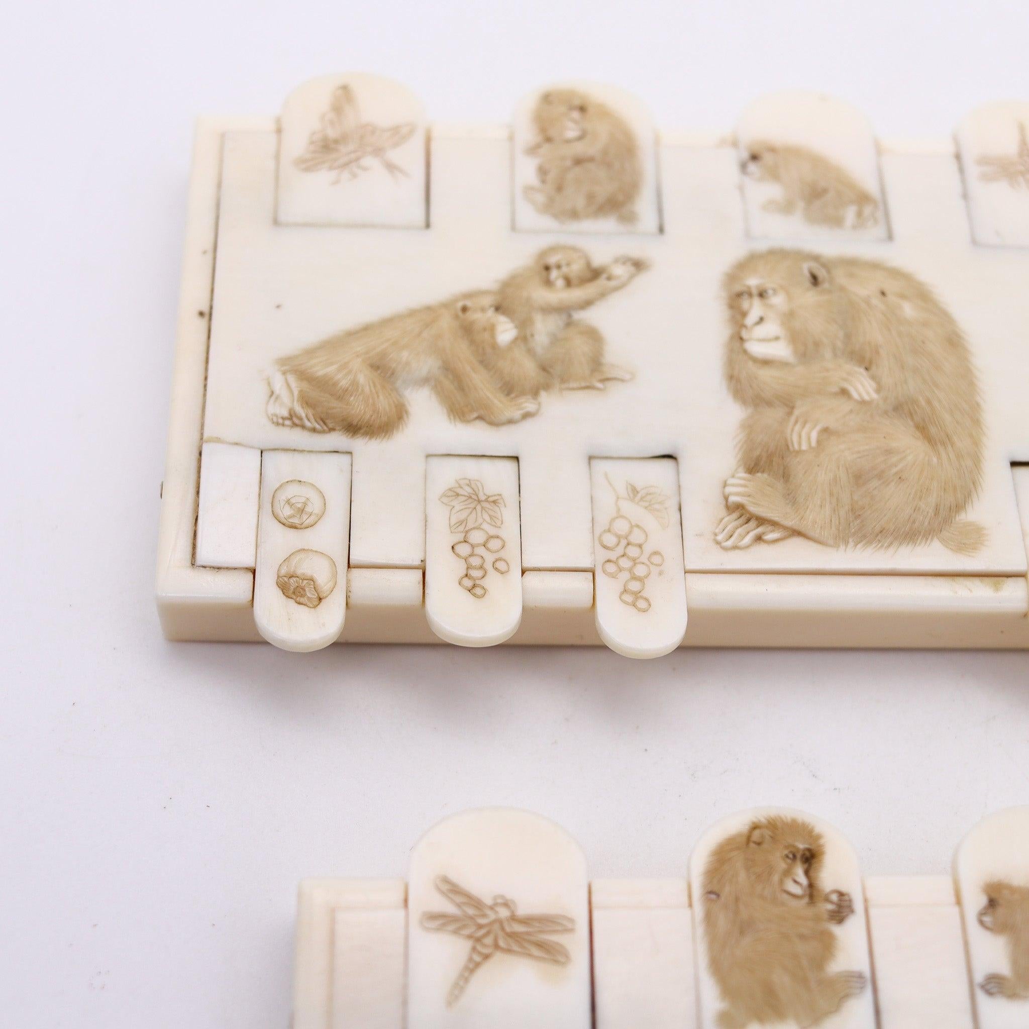 Carved JAPAN 1900 Meiji Pair of Ivory Bezique Whist Game Counters With Monkeys