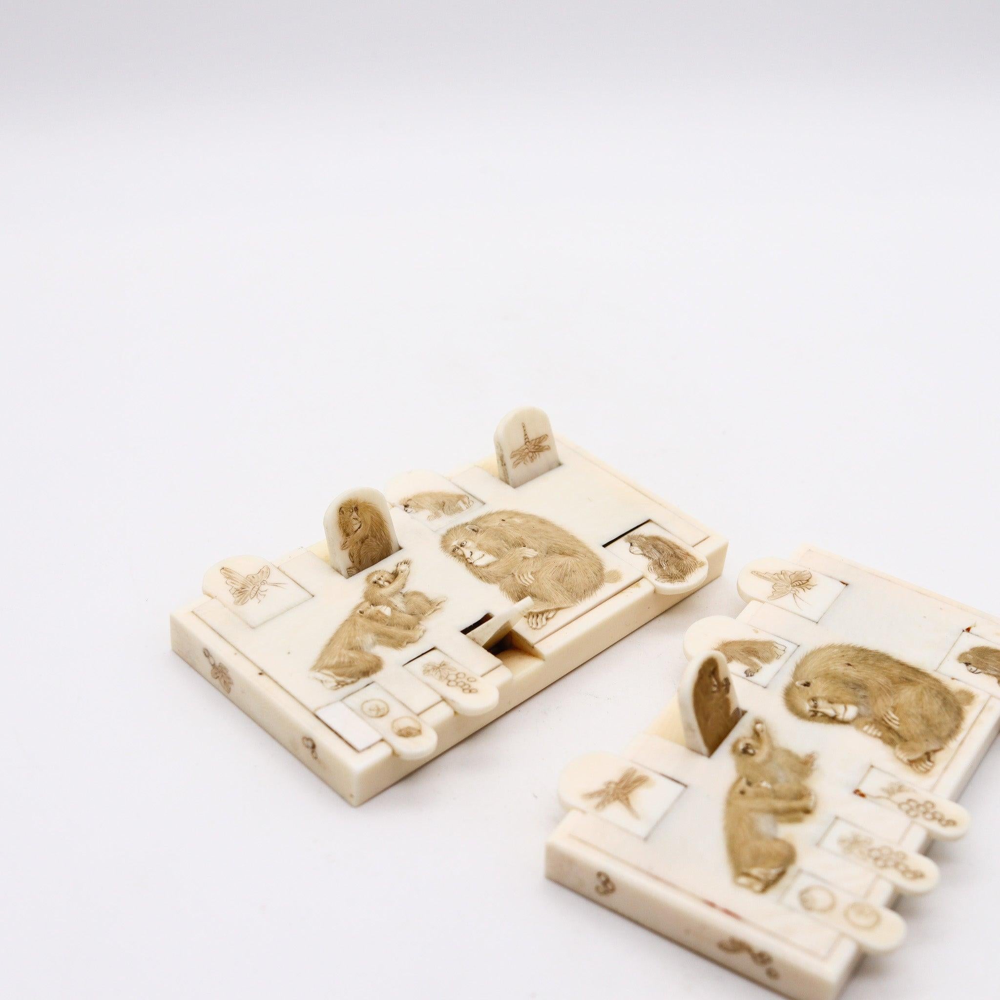 Early 20th Century JAPAN 1900 Meiji Pair of Ivory Bezique Whist Game Counters With Monkeys