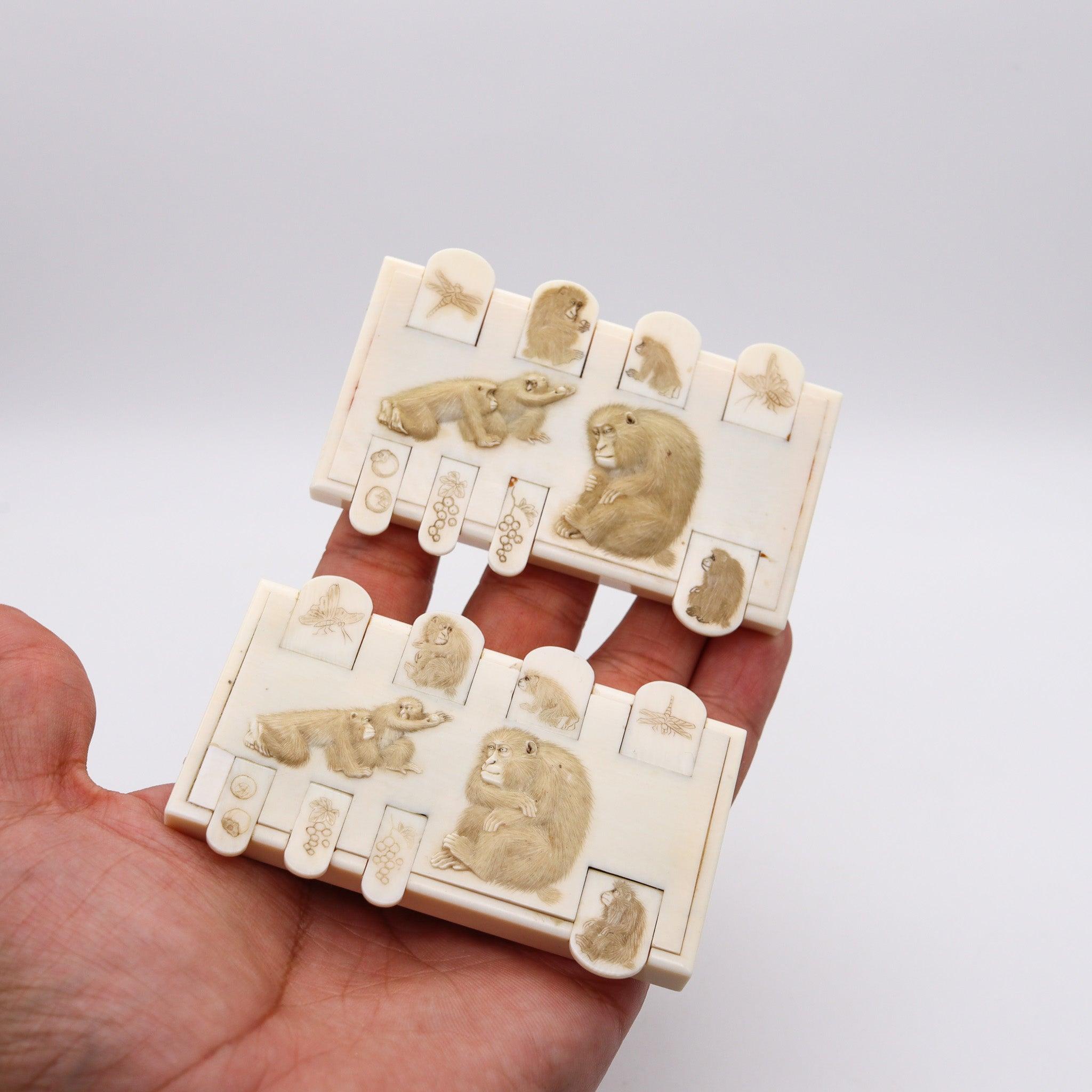 JAPAN 1900 Meiji Pair of Ivory Bezique Whist Game Counters With Monkeys 3