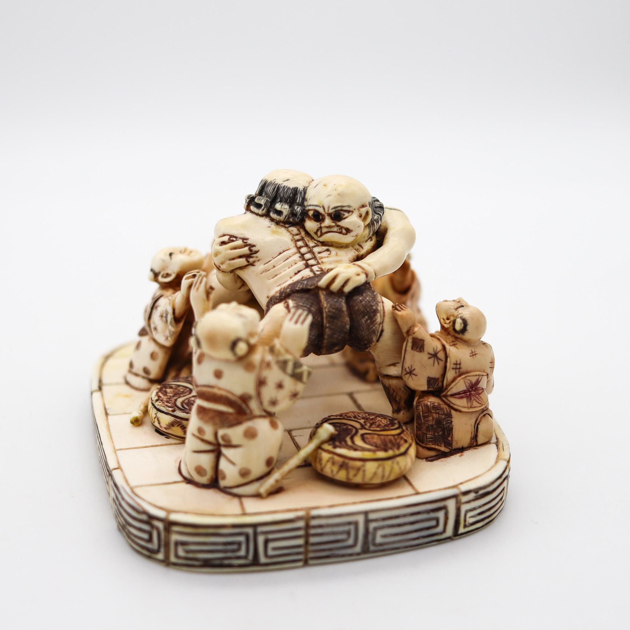 Japanese Japan 1900 Meiji Period Rare Carved Okimono of Two Sumo Fighters Signed For Sale
