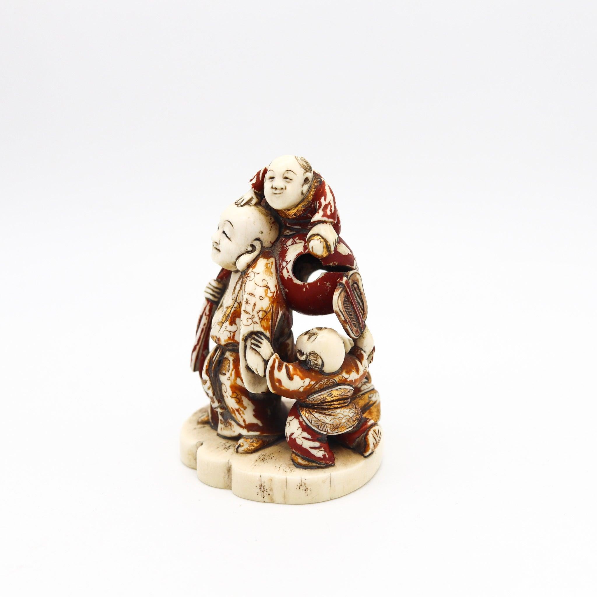 Meiji period okimono sculpture of Fukurokuju.

This is a beautiful okimono sculpture created in the late 19th century during the imperial Japan in the Meiji era period, back in 1900. The okimono sculpture has been carefully carved with fabulous
