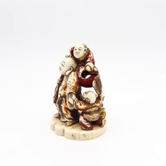 JAPAN 1900 Meiji Signed Okimono Sculpture of Fukurokuju In Polychrome & Gilt