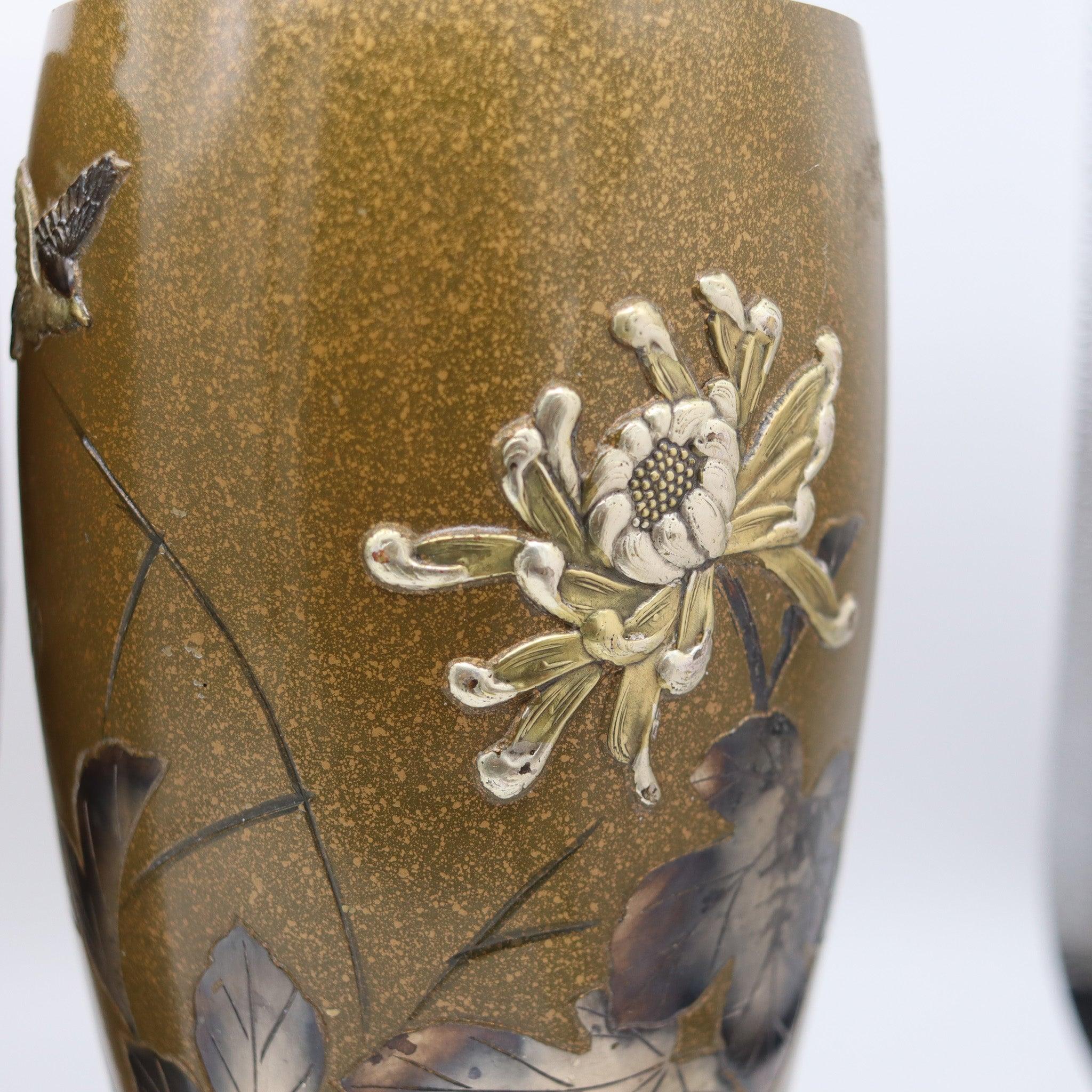 Meiji JAPAN 1910 Antique Bronze Vases With Silver & Gold Mixed Metals Flowers & Bird For Sale