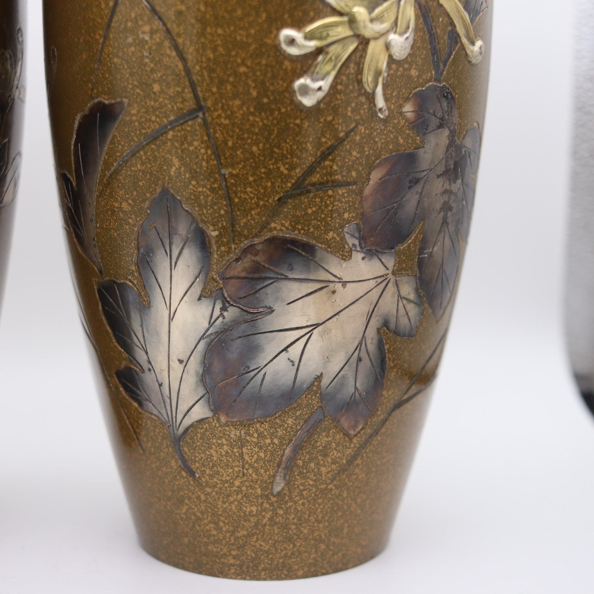Japanese JAPAN 1910 Antique Bronze Vases With Silver & Gold Mixed Metals Flowers & Bird For Sale