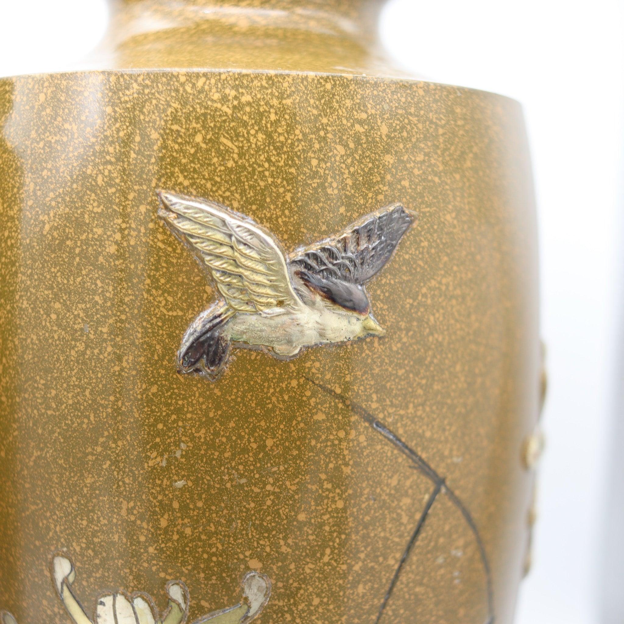 Hand-Crafted JAPAN 1910 Antique Bronze Vases With Silver & Gold Mixed Metals Flowers & Bird For Sale