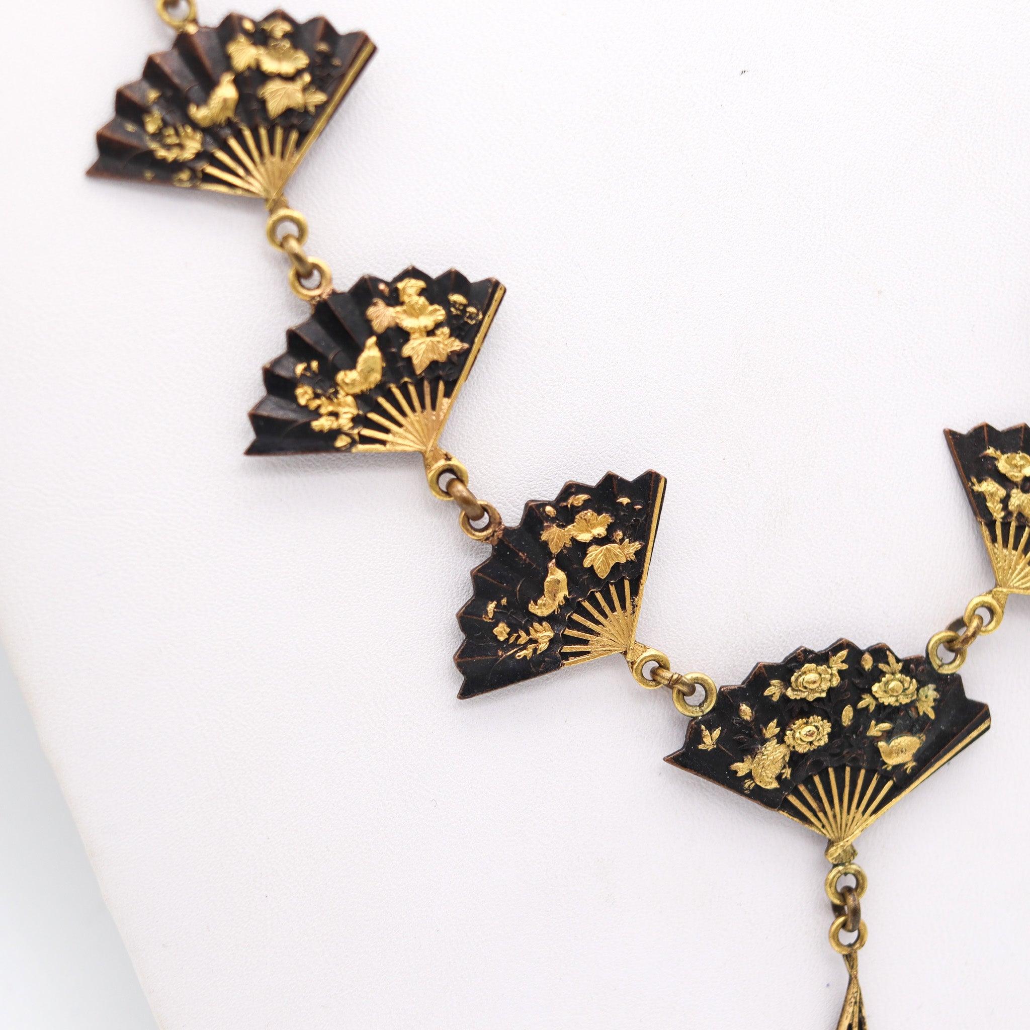Arts and Crafts JAPAN 1910 Meiji Menuki Necklace With Shakudo In 14Kt Gold 24Kt Gold & Bronze For Sale