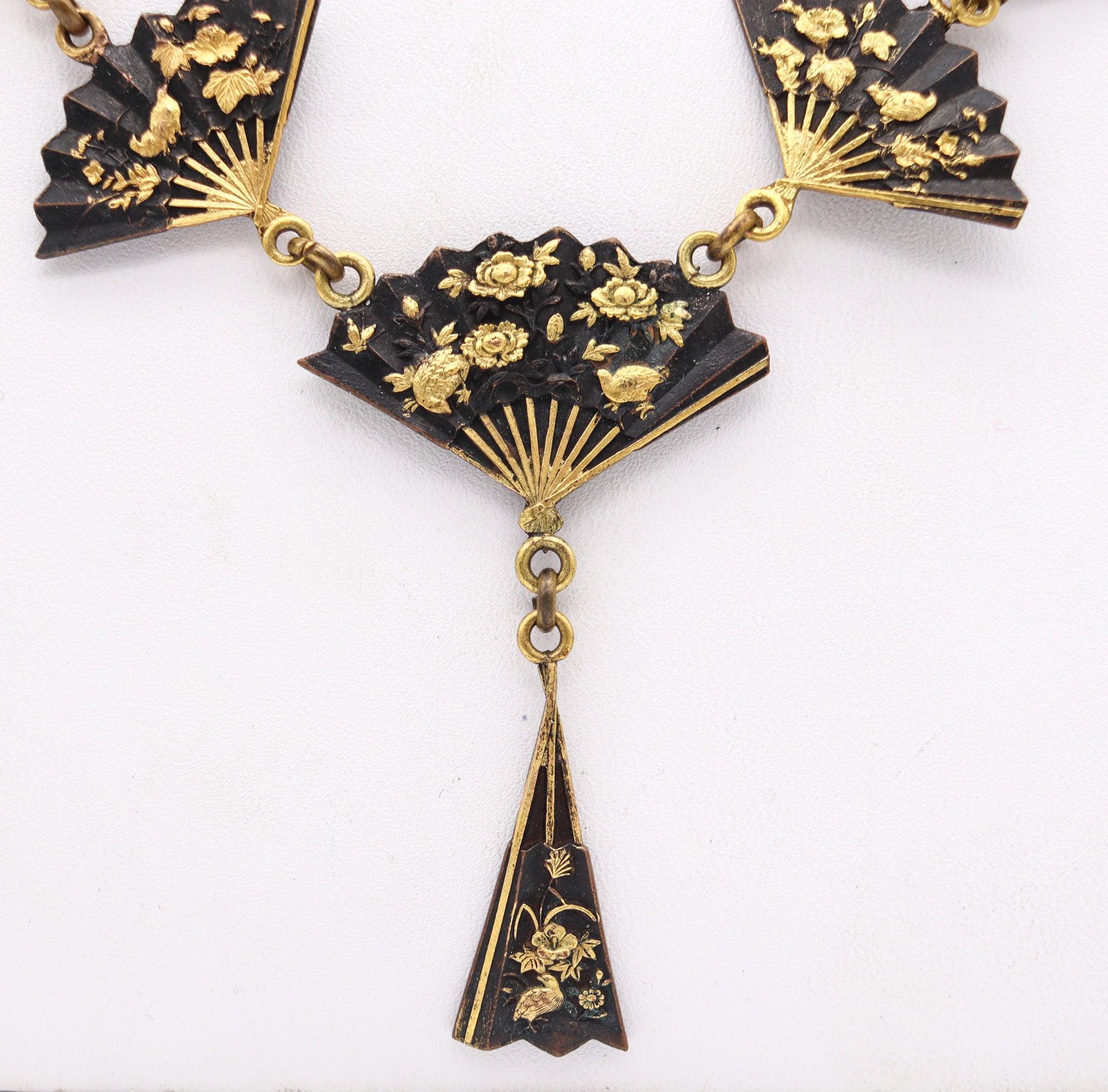 JAPAN 1910 Meiji Menuki Necklace With Shakudo In 14Kt Gold 24Kt Gold & Bronze In Excellent Condition For Sale In Miami, FL
