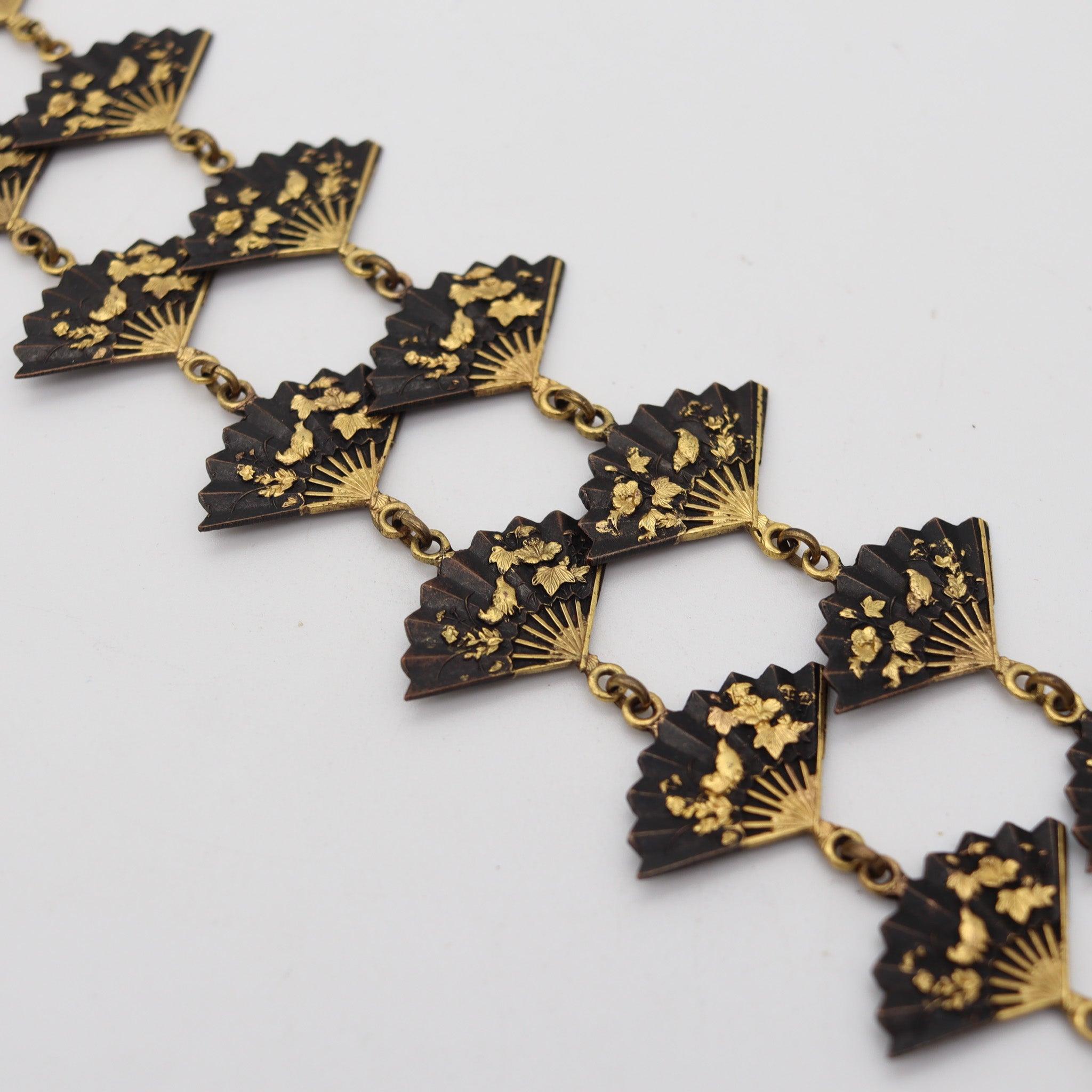 JAPAN 1910 Meiji Menuki Necklace With Shakudo In 14Kt Gold 24Kt Gold & Bronze For Sale 1