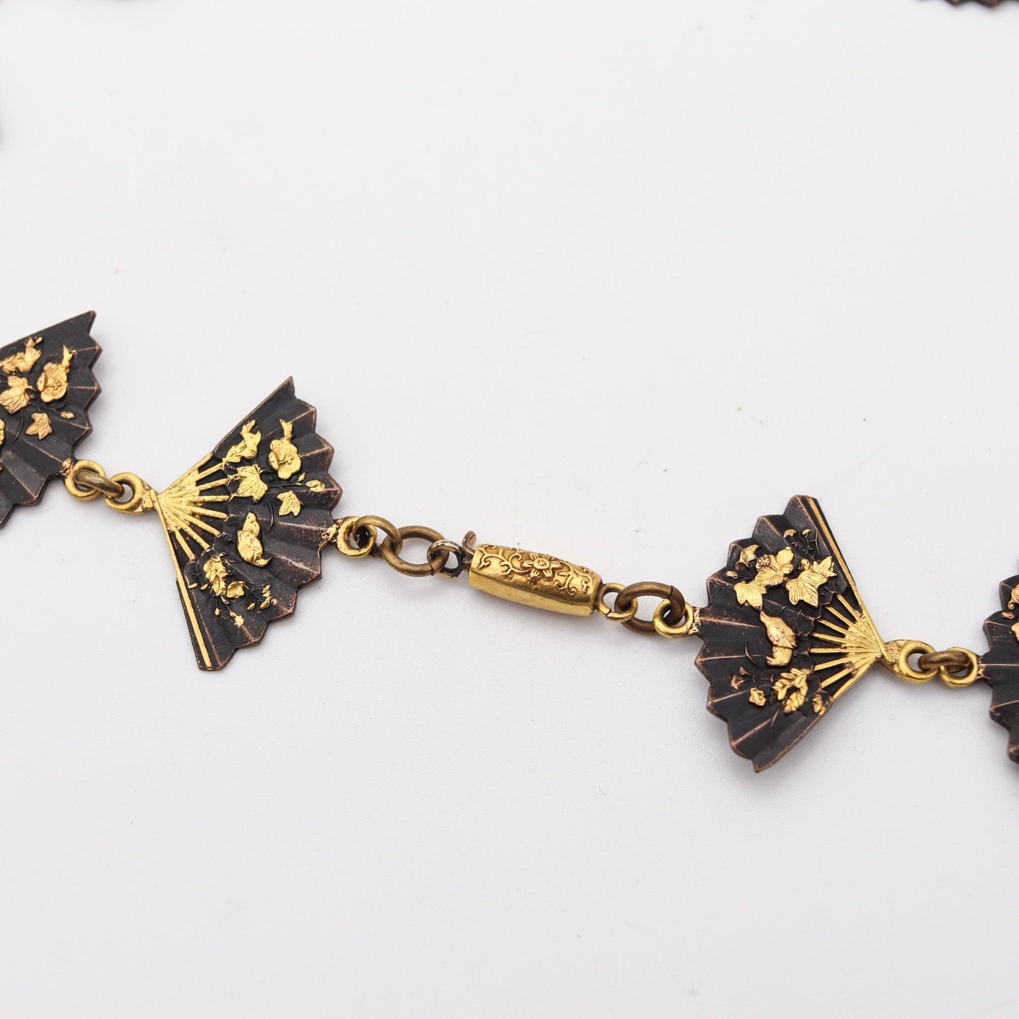 JAPAN 1910 Meiji Menuki Necklace With Shakudo In 14Kt Gold 24Kt Gold & Bronze For Sale 3
