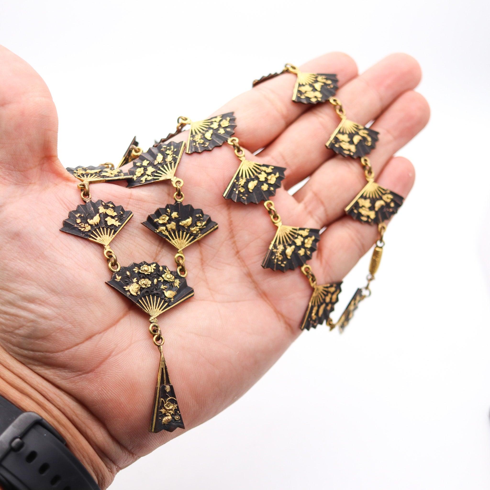 JAPAN 1910 Meiji Menuki Necklace With Shakudo In 14Kt Gold 24Kt Gold & Bronze For Sale 4