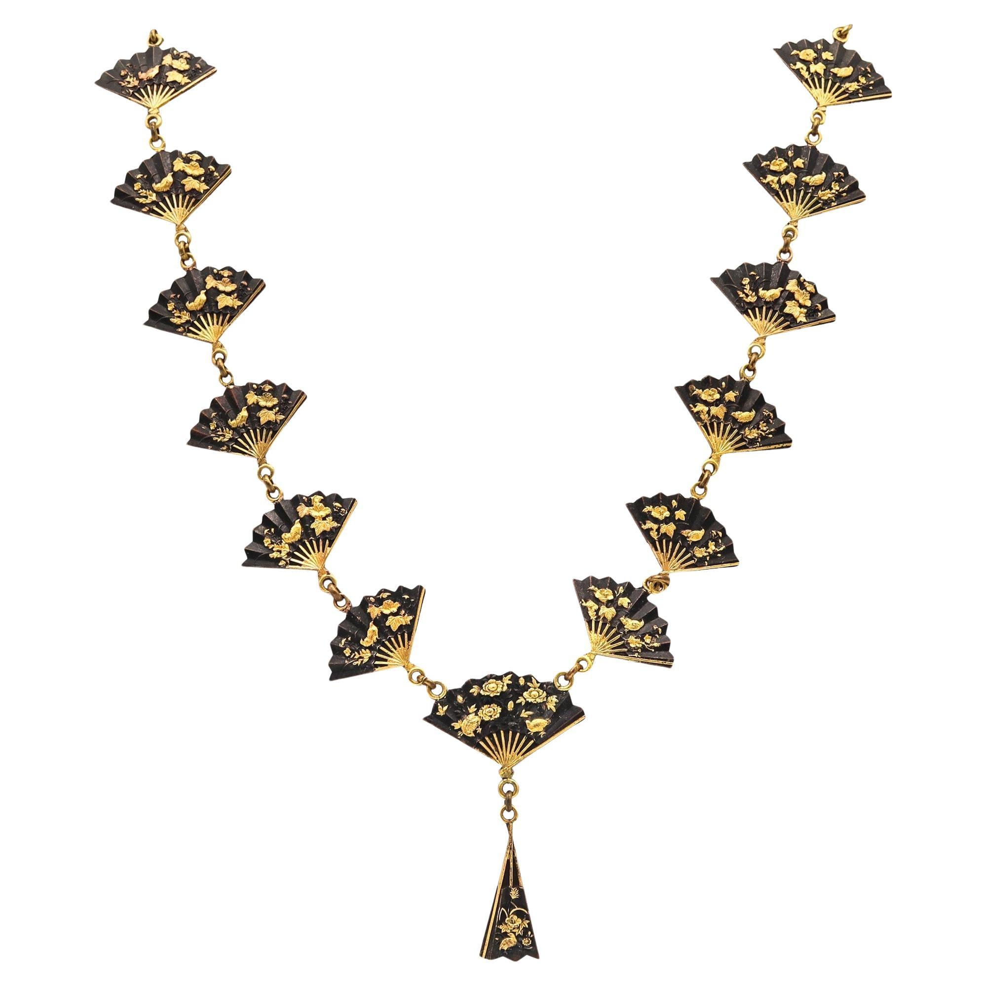 JAPAN 1910 Meiji Menuki Necklace With Shakudo In 14Kt Gold 24Kt Gold & Bronze For Sale